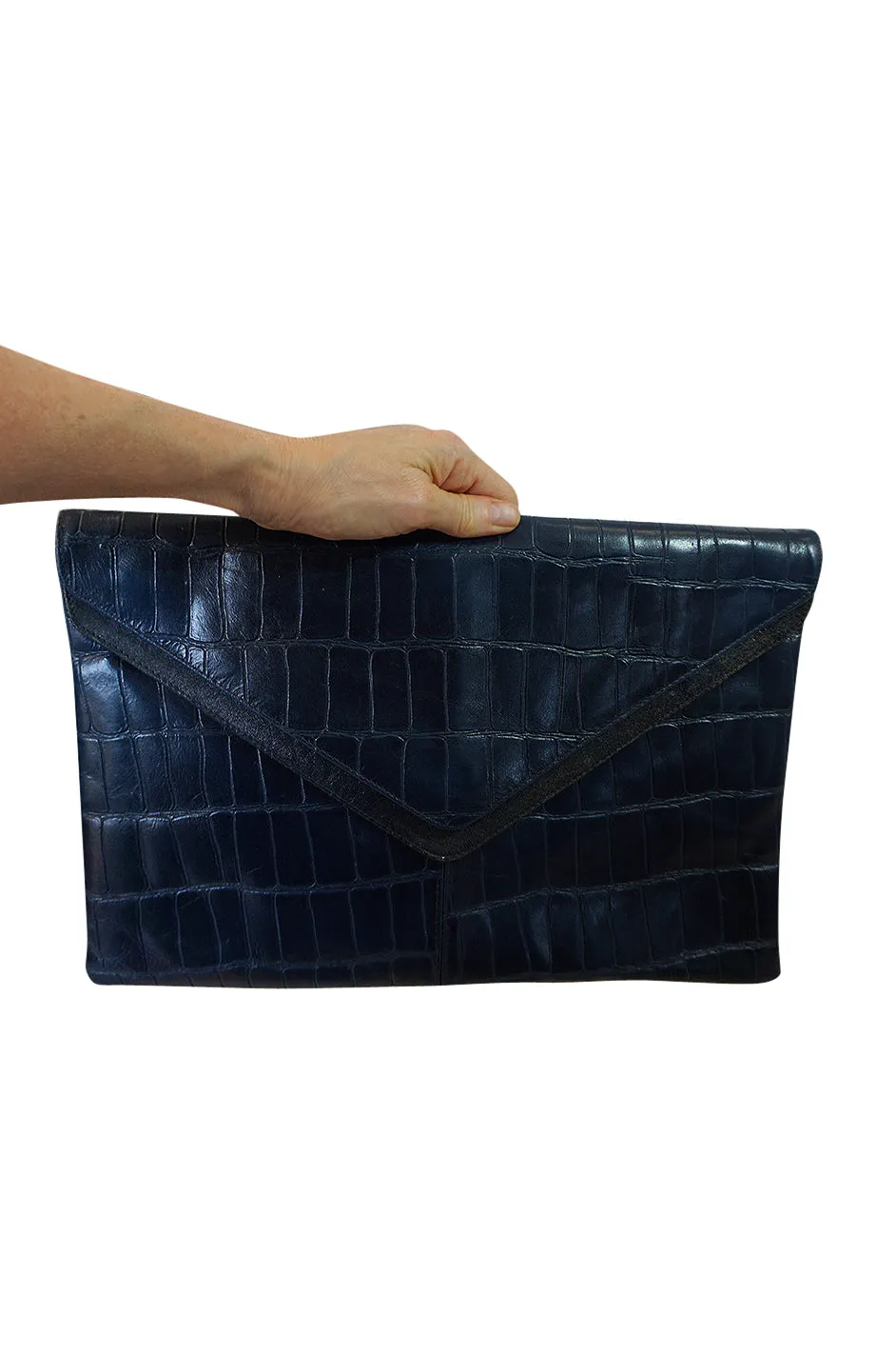 1980s Deep Blue Crocodile or Alligater Stamped Leather Clutch Bag