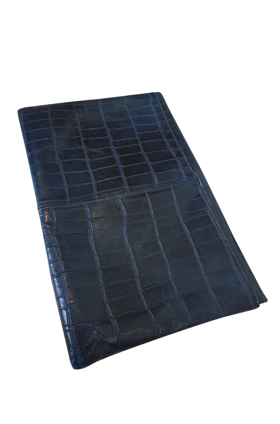 1980s Deep Blue Crocodile or Alligater Stamped Leather Clutch Bag