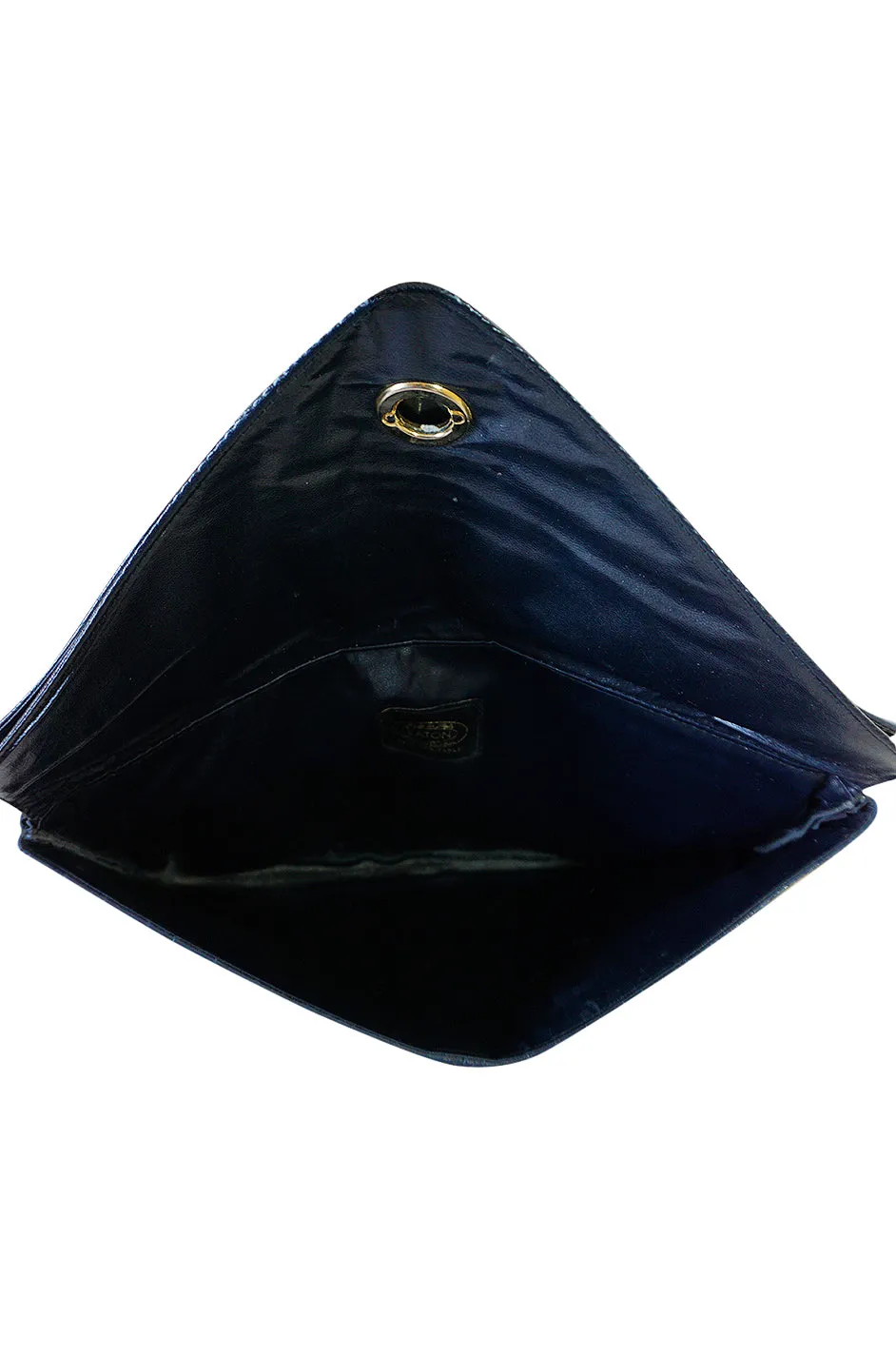 1980s Deep Blue Crocodile or Alligater Stamped Leather Clutch Bag
