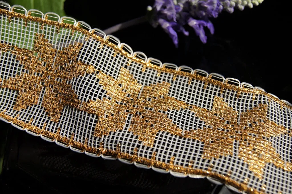2" Wire Edged Lace  - Metallic Gold Snowflakes on White