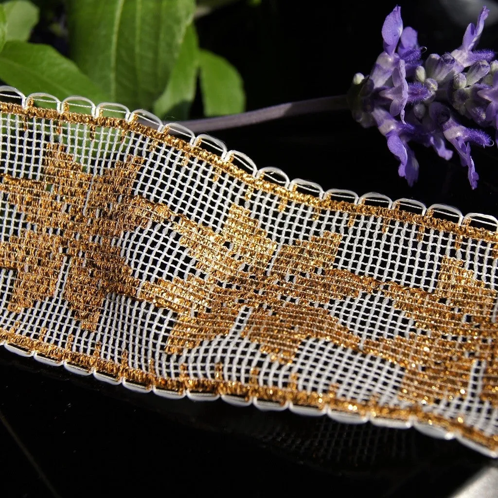 2" Wire Edged Lace  - Metallic Gold Snowflakes on White