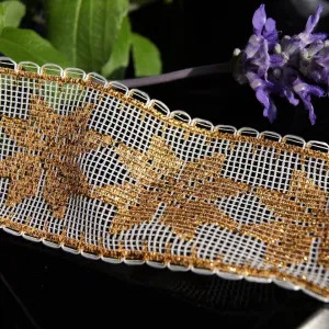 2" Wire Edged Lace  - Metallic Gold Snowflakes on White