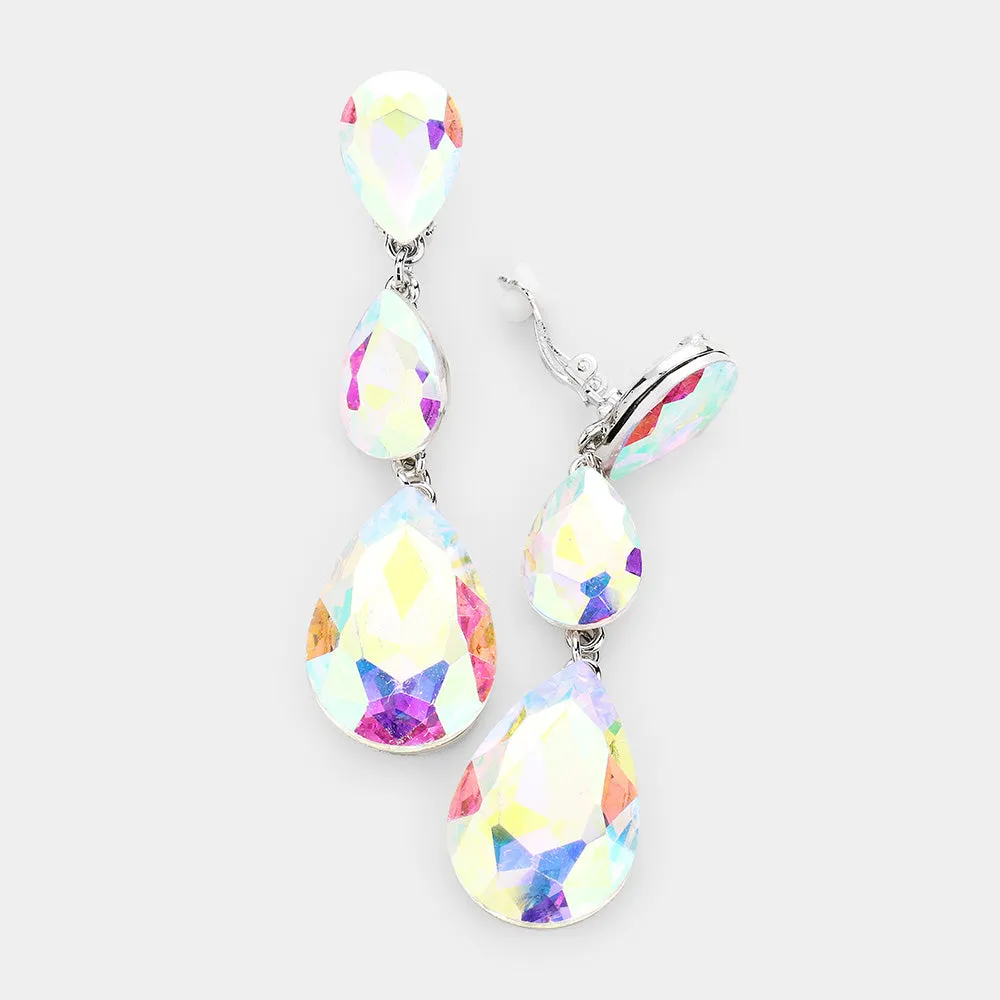 AB Crystal Triple Teardrop Clip-on Pageant Earrings on Silver | 439143