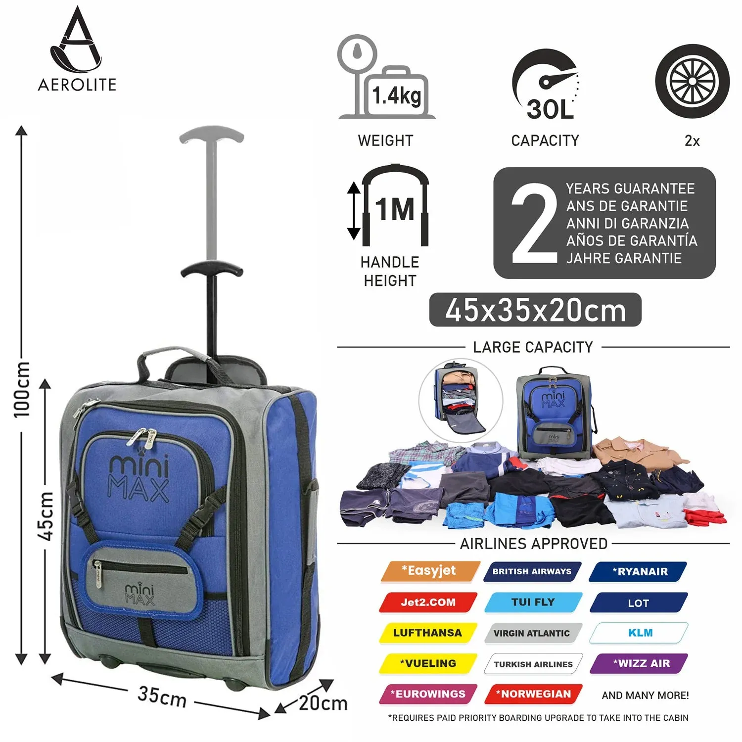 Aerolite MiniMAX (45x36x20cm) Easyjet Maximum Cabin Luggage Under Seat Carry On Suitcase with Backpack and Pouch, 2 Year Warranty