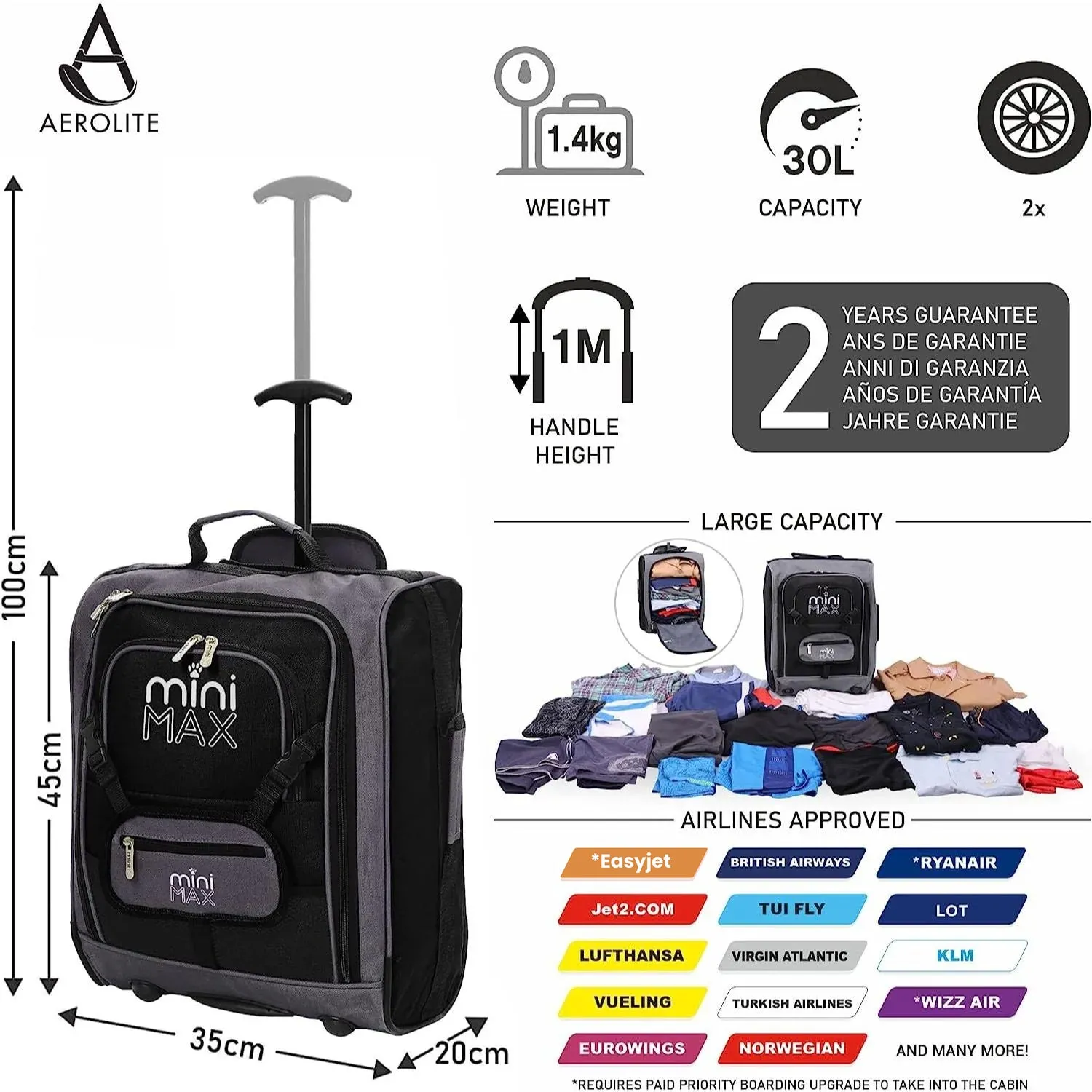 Aerolite MiniMAX (45x36x20cm) Easyjet Maximum Cabin Luggage Under Seat Carry On Suitcase with Backpack and Pouch, 2 Year Warranty