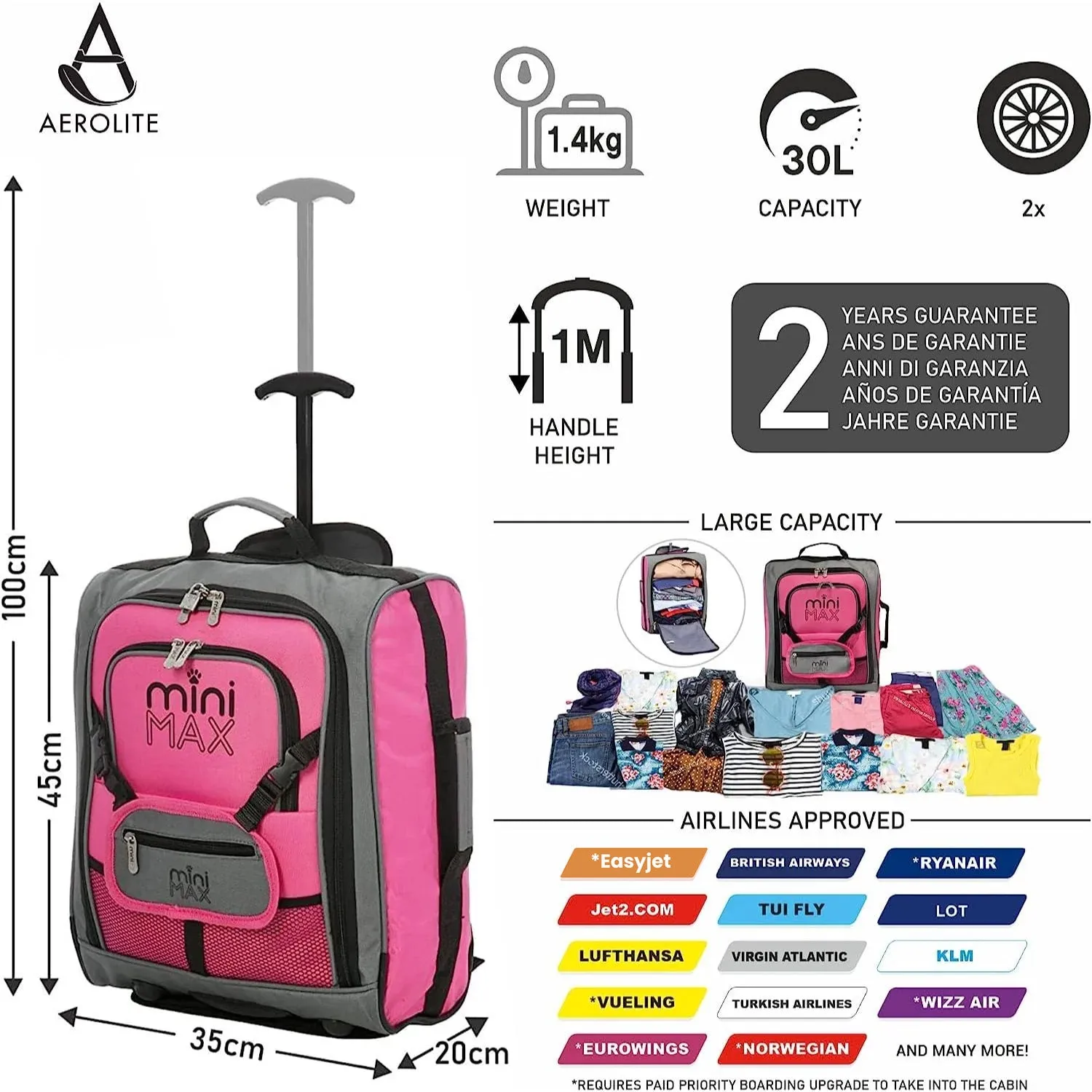 Aerolite MiniMAX (45x36x20cm) Easyjet Maximum Cabin Luggage Under Seat Carry On Suitcase with Backpack and Pouch, 2 Year Warranty