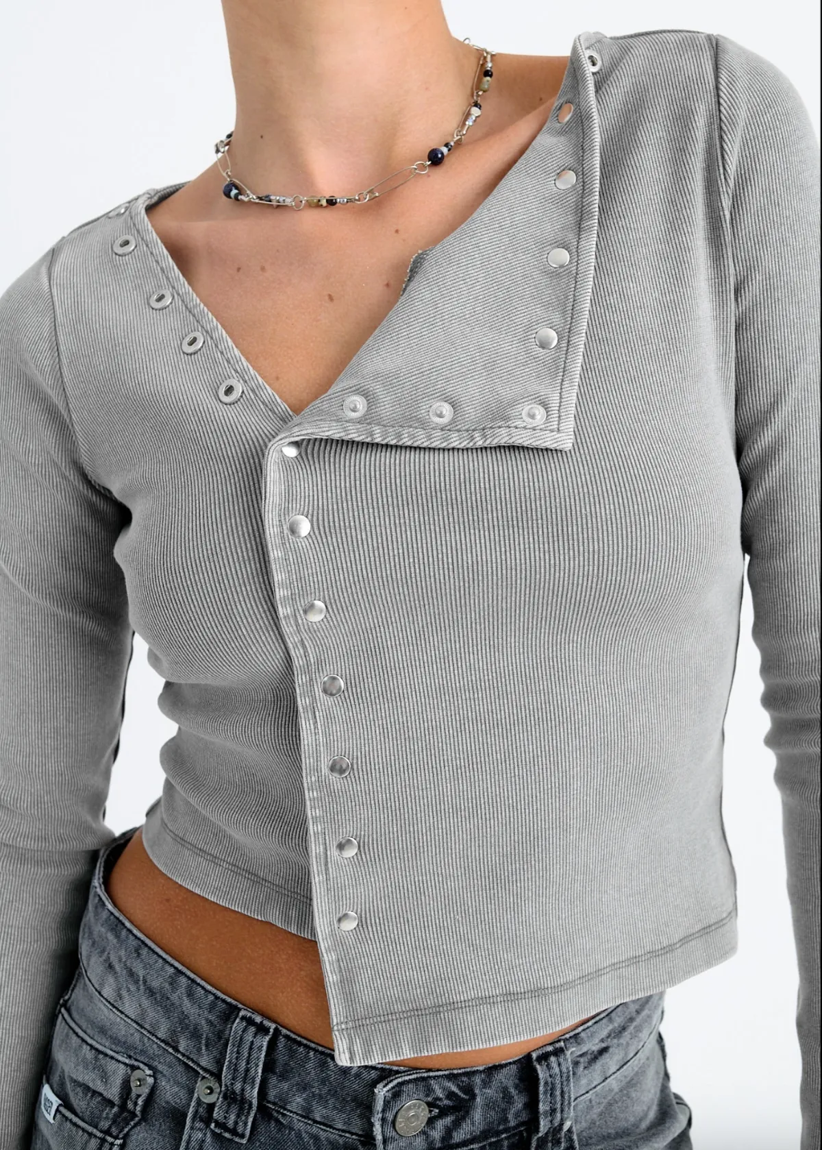 Audrey Grey Snap Front Ribbed Top