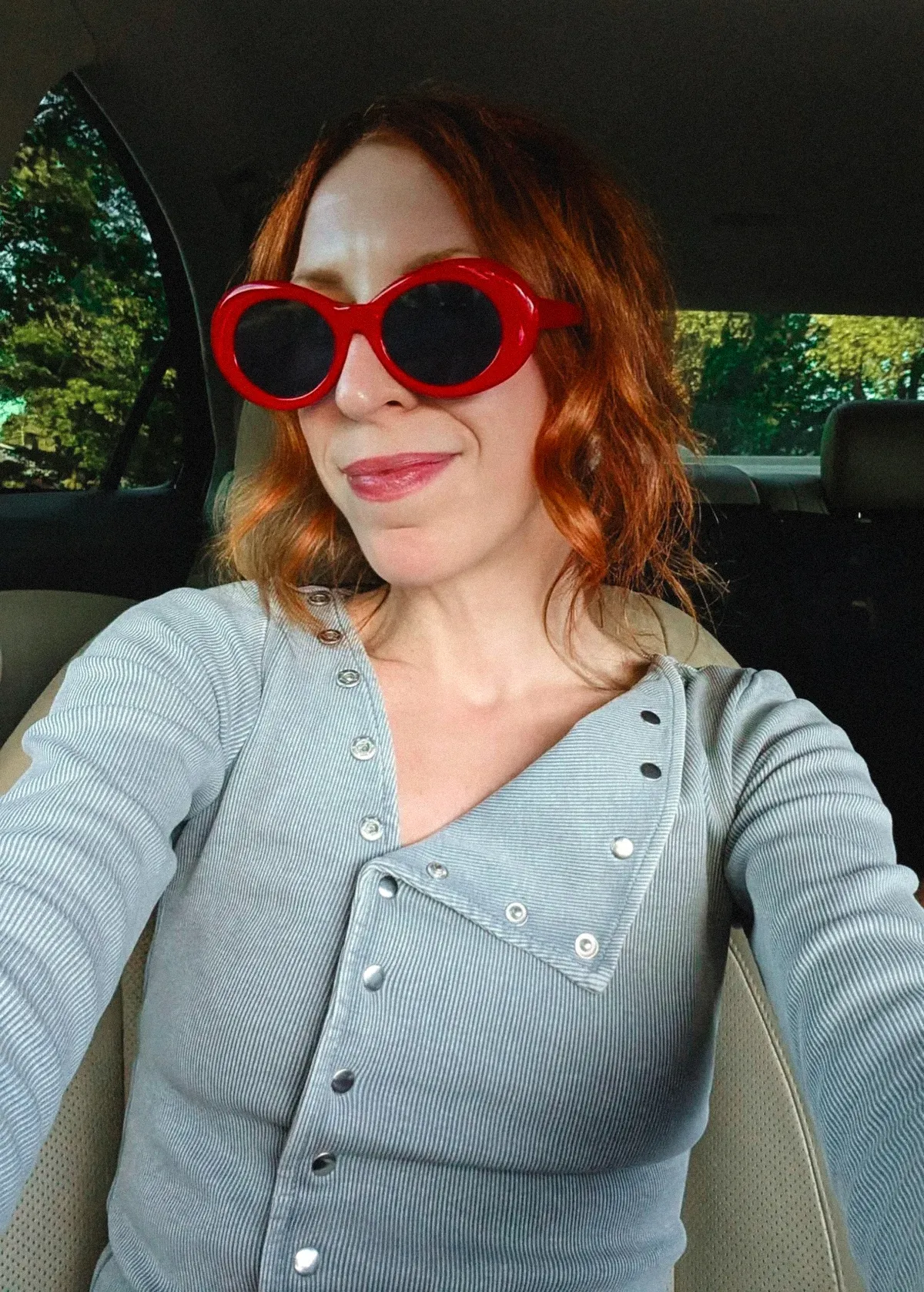 Audrey Grey Snap Front Ribbed Top