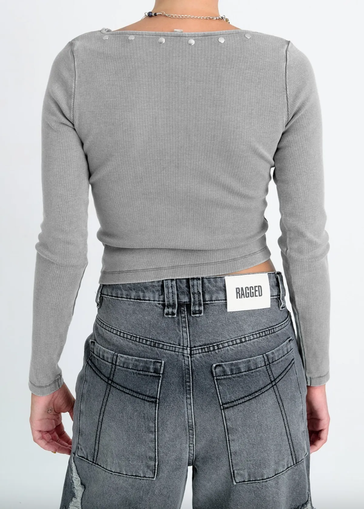 Audrey Grey Snap Front Ribbed Top