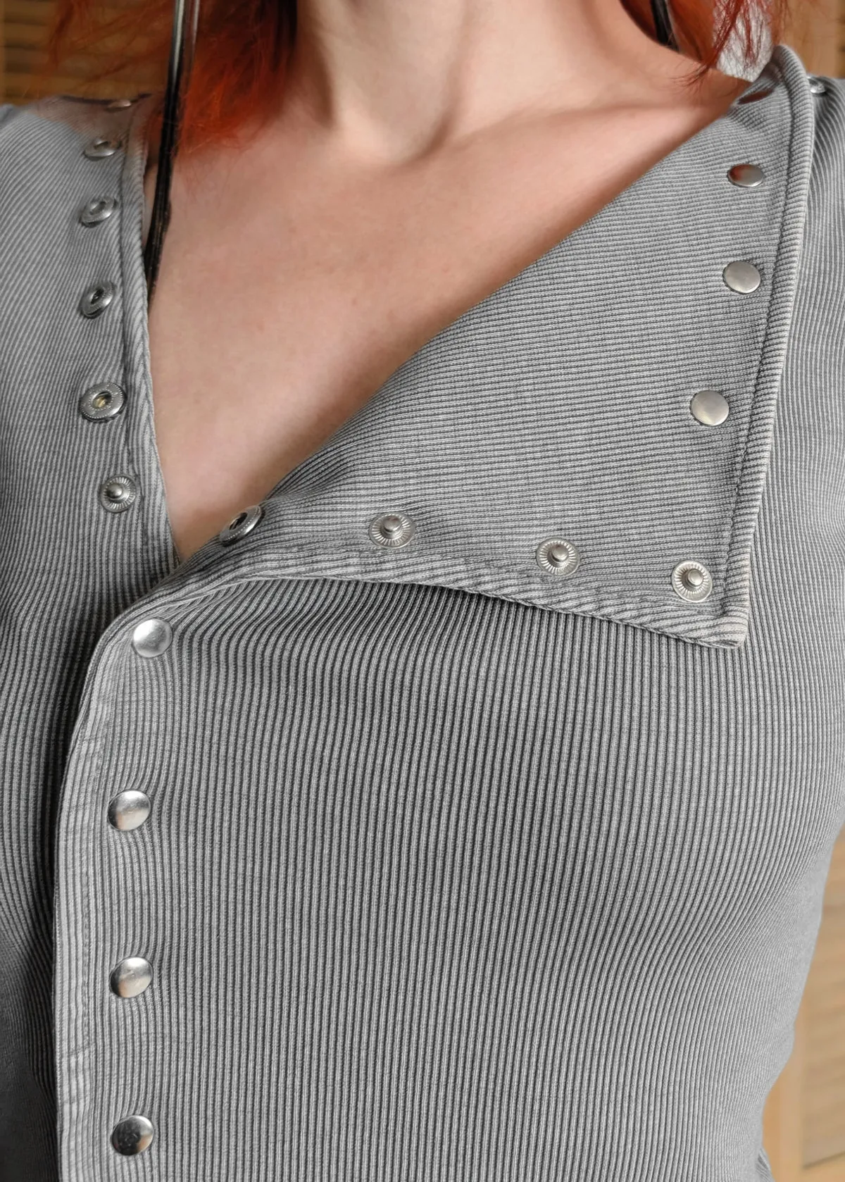 Audrey Grey Snap Front Ribbed Top