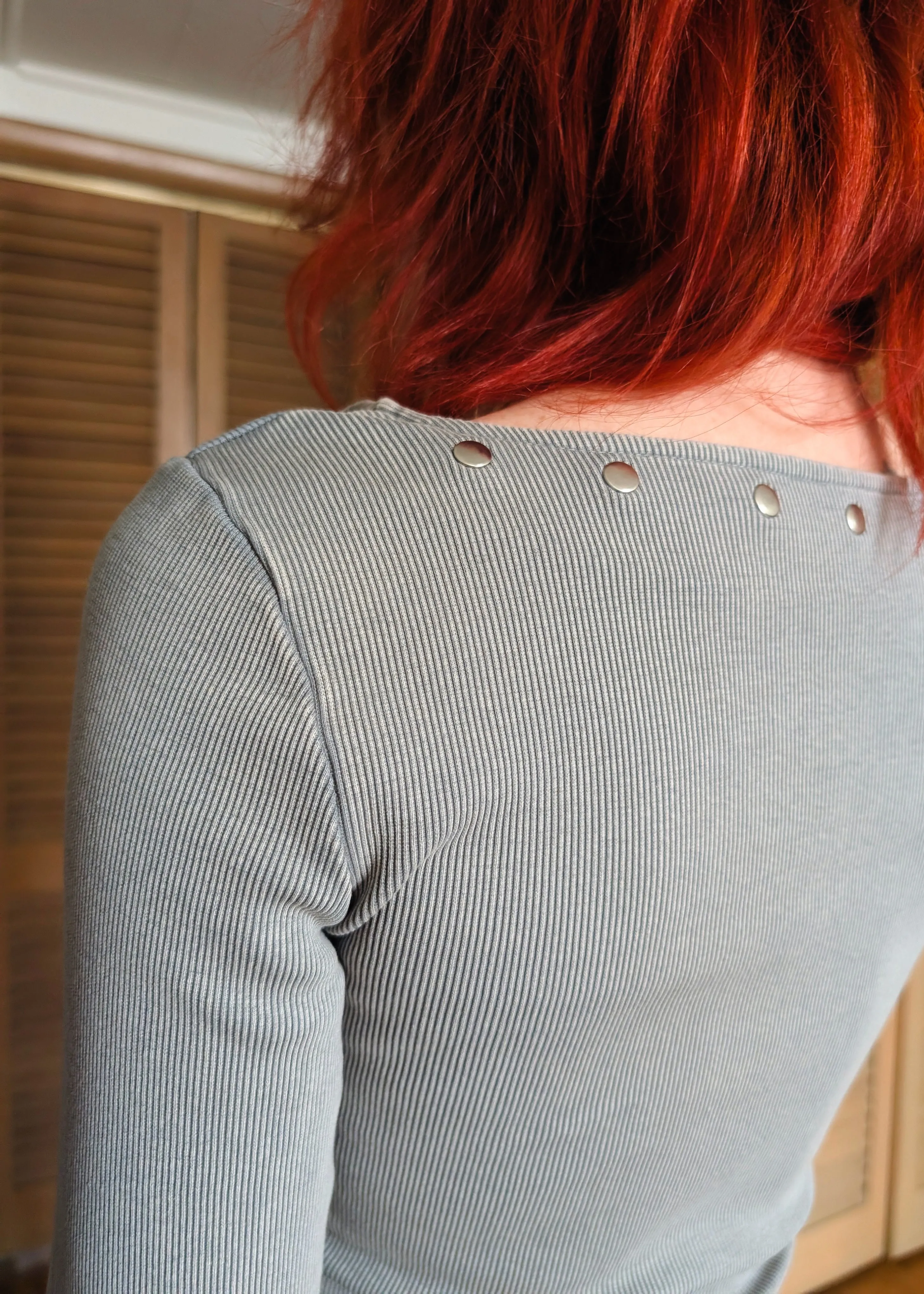 Audrey Grey Snap Front Ribbed Top