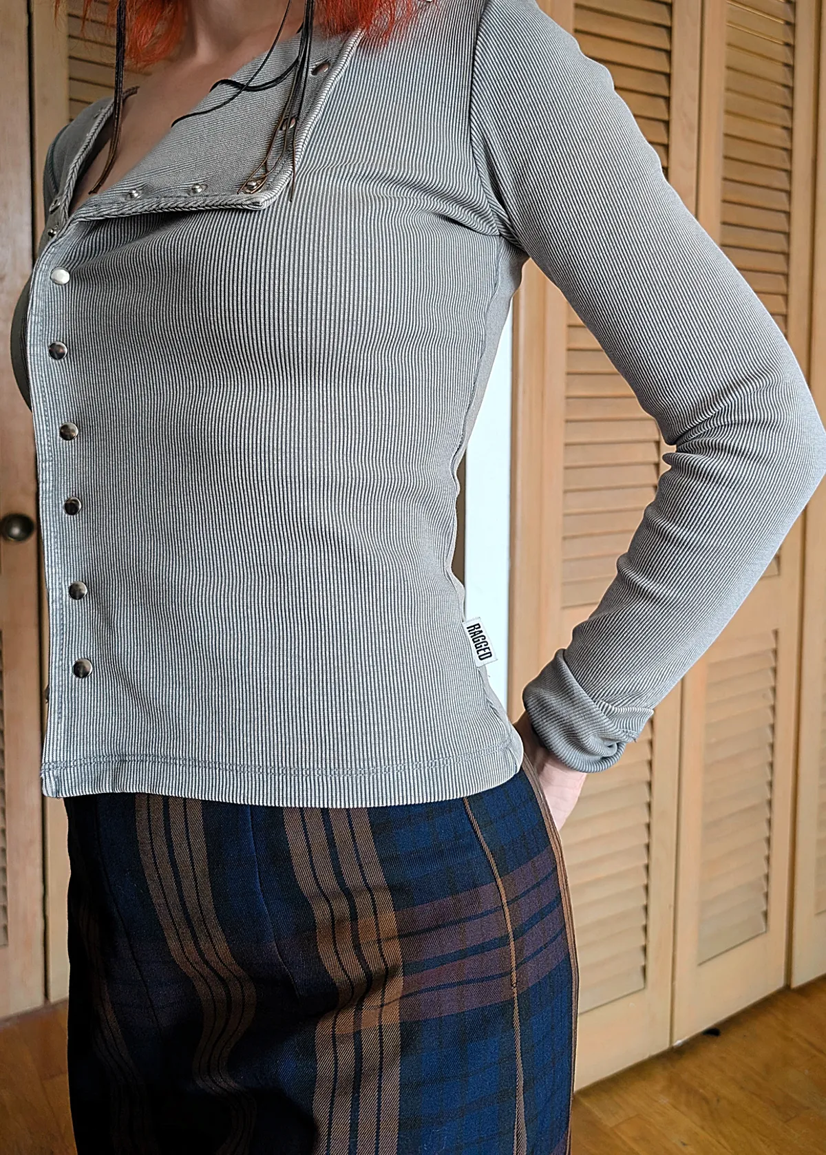 Audrey Grey Snap Front Ribbed Top