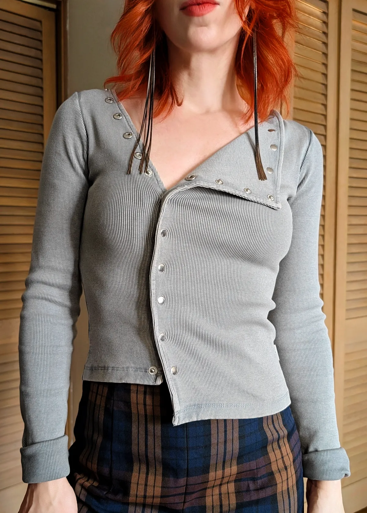 Audrey Grey Snap Front Ribbed Top