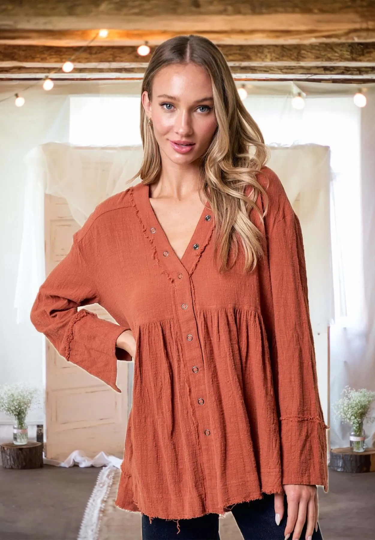 Autumn Vibes on Point Washed Snap Front Top in Rust