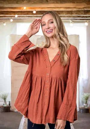 Autumn Vibes on Point Washed Snap Front Top in Rust