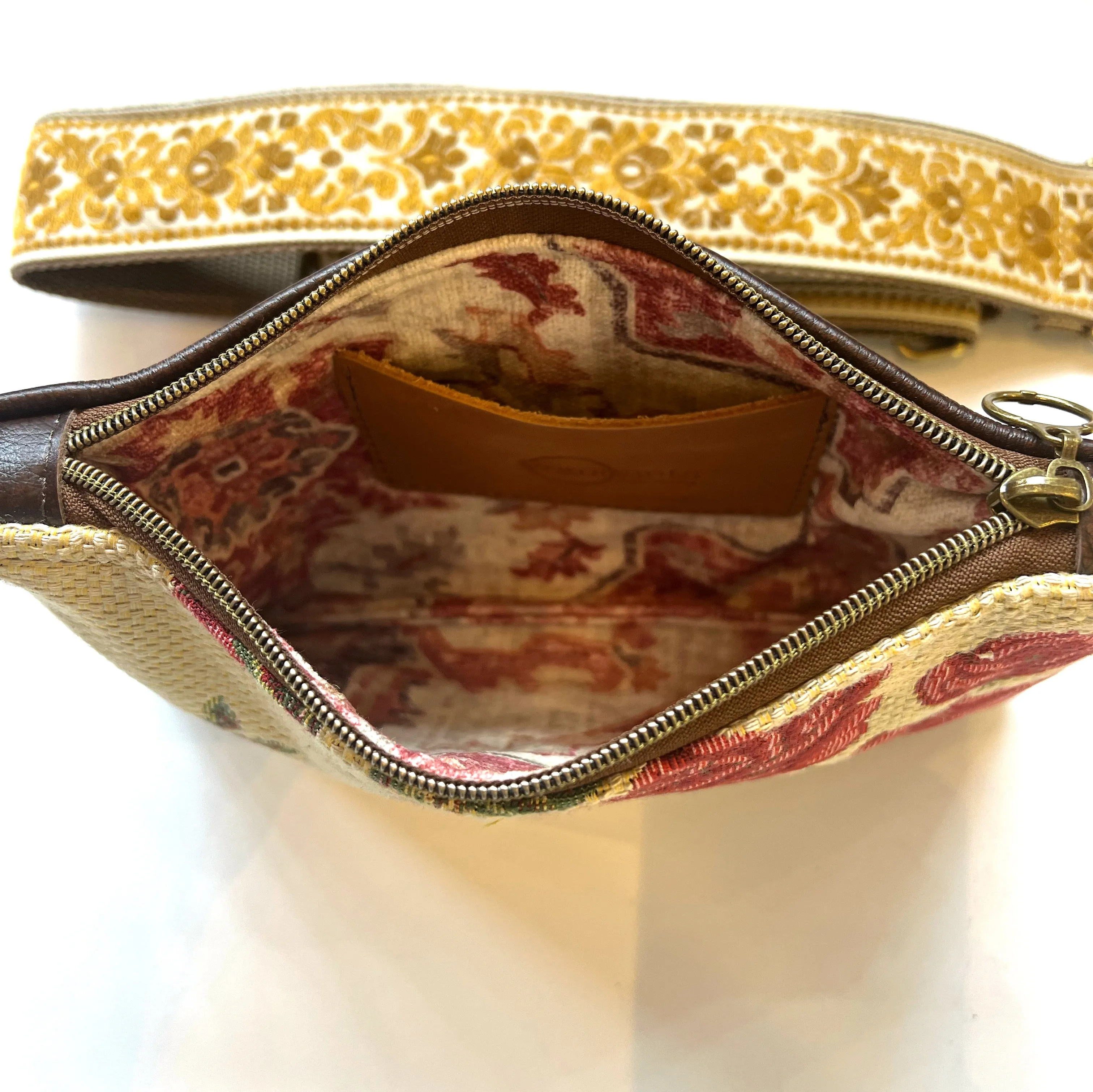 Bangle Clutch with vintage upholstery Trim Strap