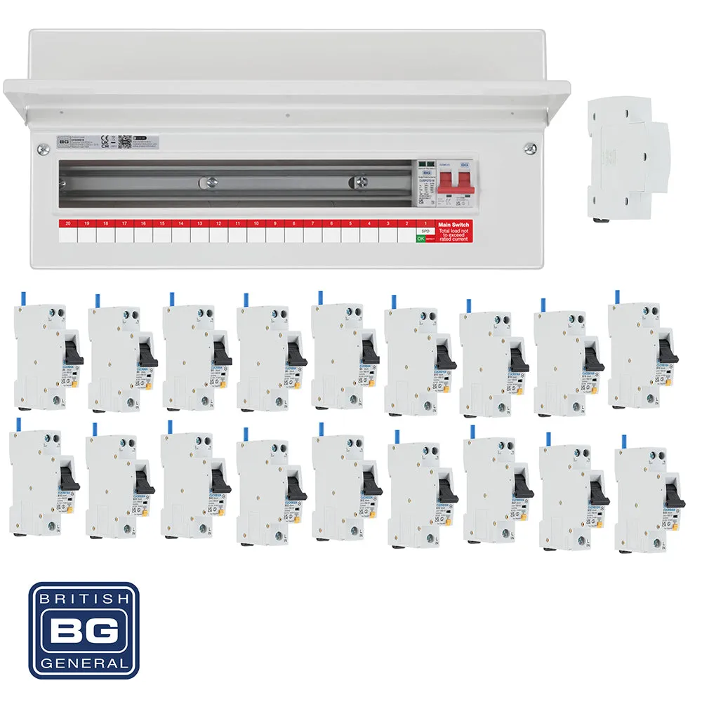 BG Fortress CF22MS19 22 Module 19 Way 100A Main Switch Consumer Unit with T2 SPD   18 RCBOs & 1x CUA19 FREE Blanks