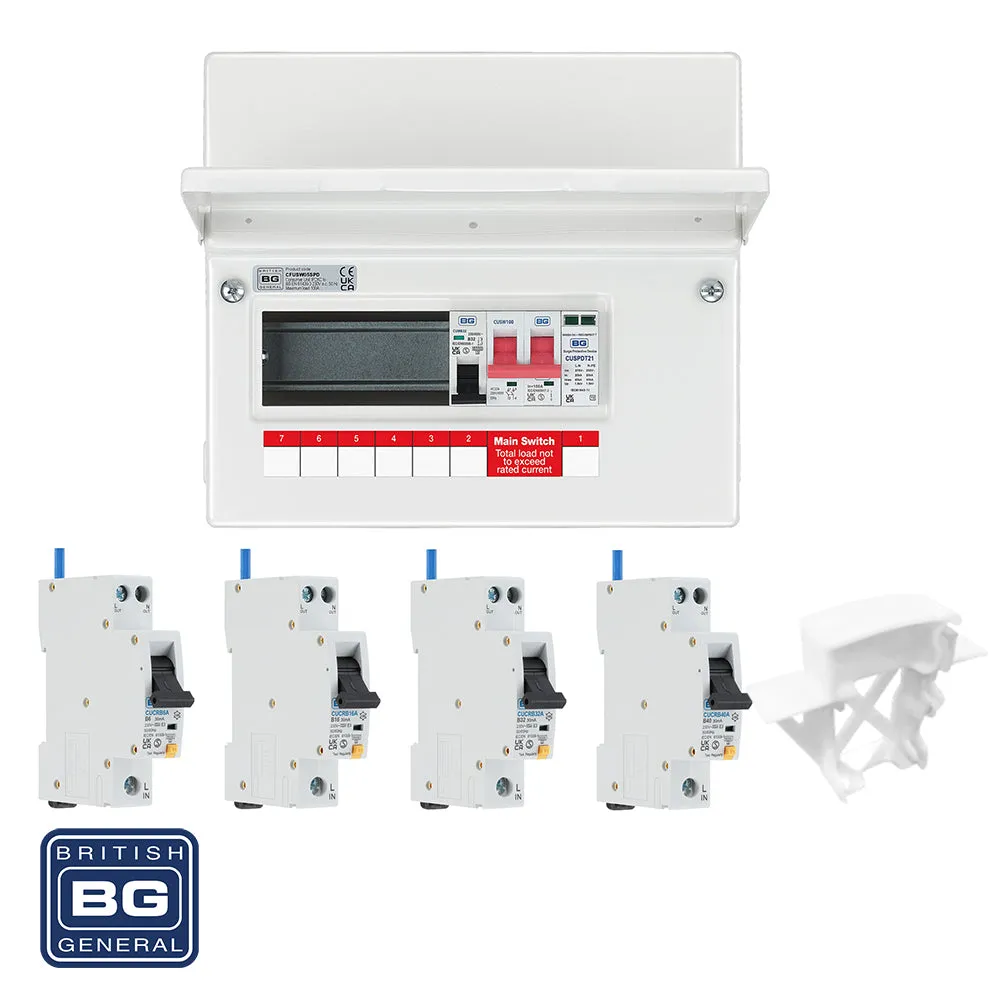 BG Fortress CFUSW05SPD 9 Module 5 Way 100A Main Switch Consumer Unit with T2 SPD   4 RCBOs & 1x CUA04 FREE Blank