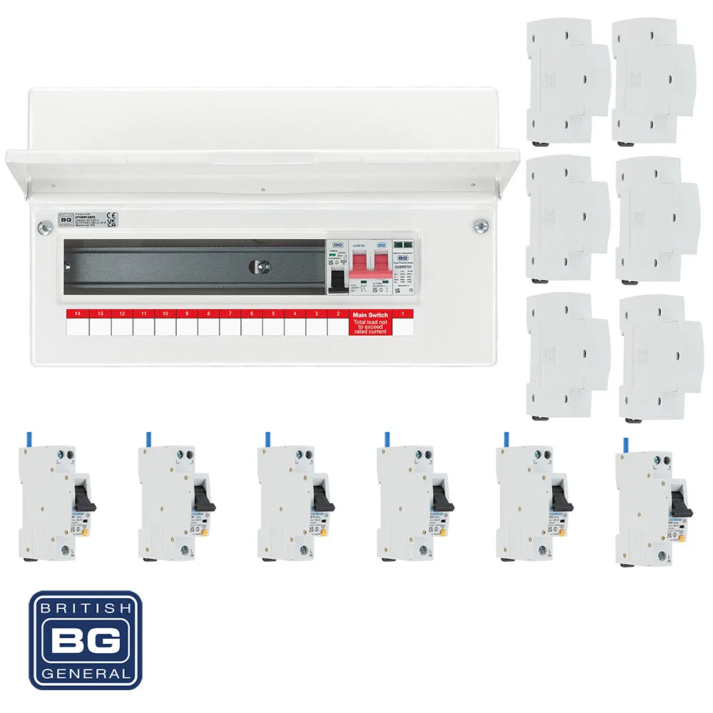 BG Fortress CFUSW12SPD 16 Module 12 Way 100A Main Switch Consumer Unit with T2 SPD   6 RCBOs & 6x CUA19 FREE Blanks