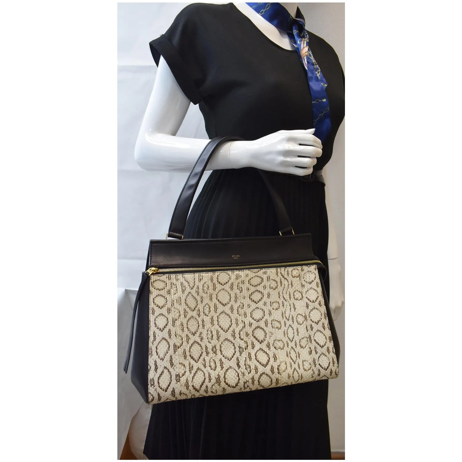CELINE Medium Edge Python Leather Top Handle Shoulder Bag Beige