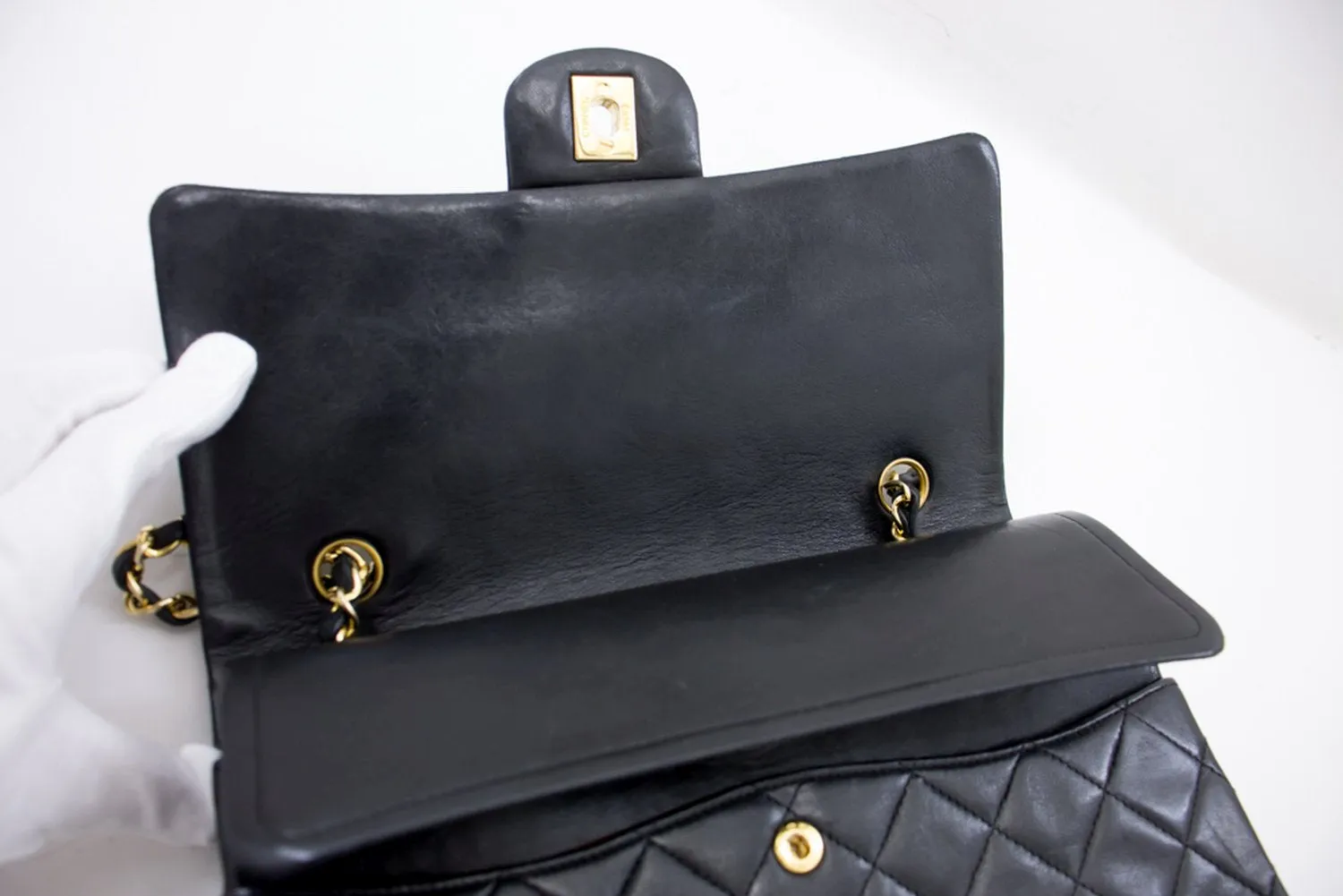 CHANEL 2.55 Double Flap Square Chain Shoulder Bag Black Lambskin i14