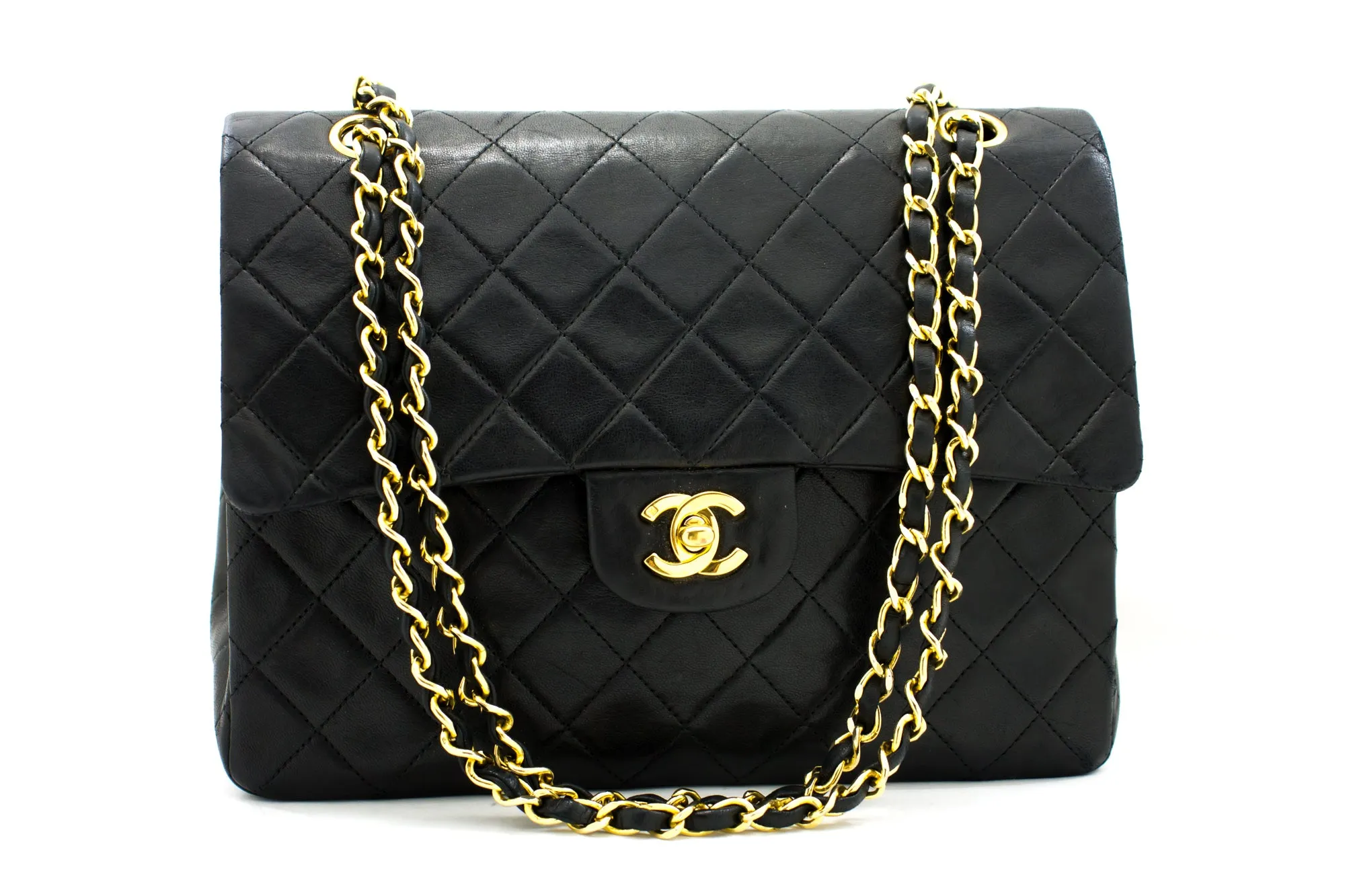 CHANEL 2.55 Double Flap Square Chain Shoulder Bag Black Lambskin i14