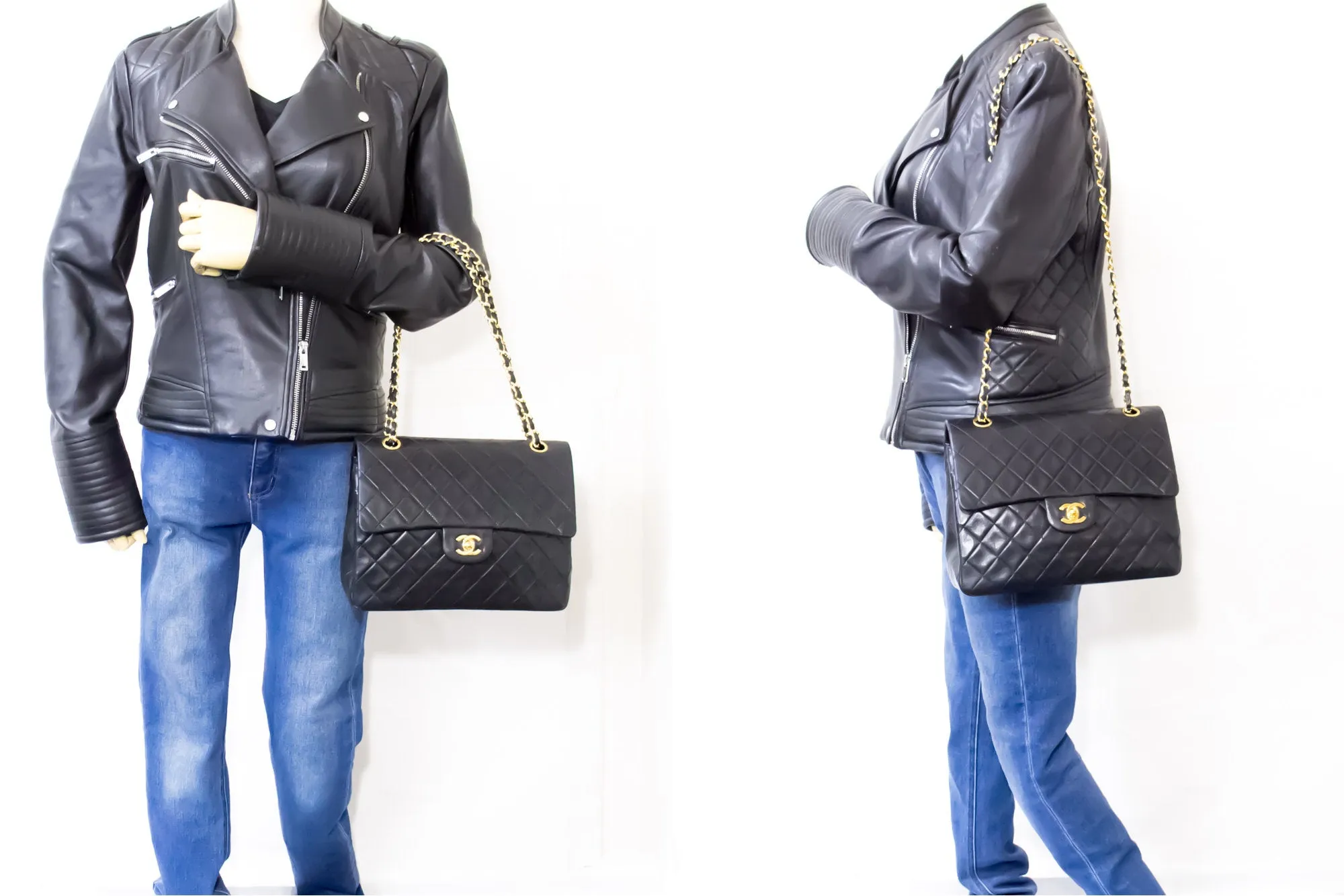 CHANEL 2.55 Double Flap Square Chain Shoulder Bag Black Lambskin i14