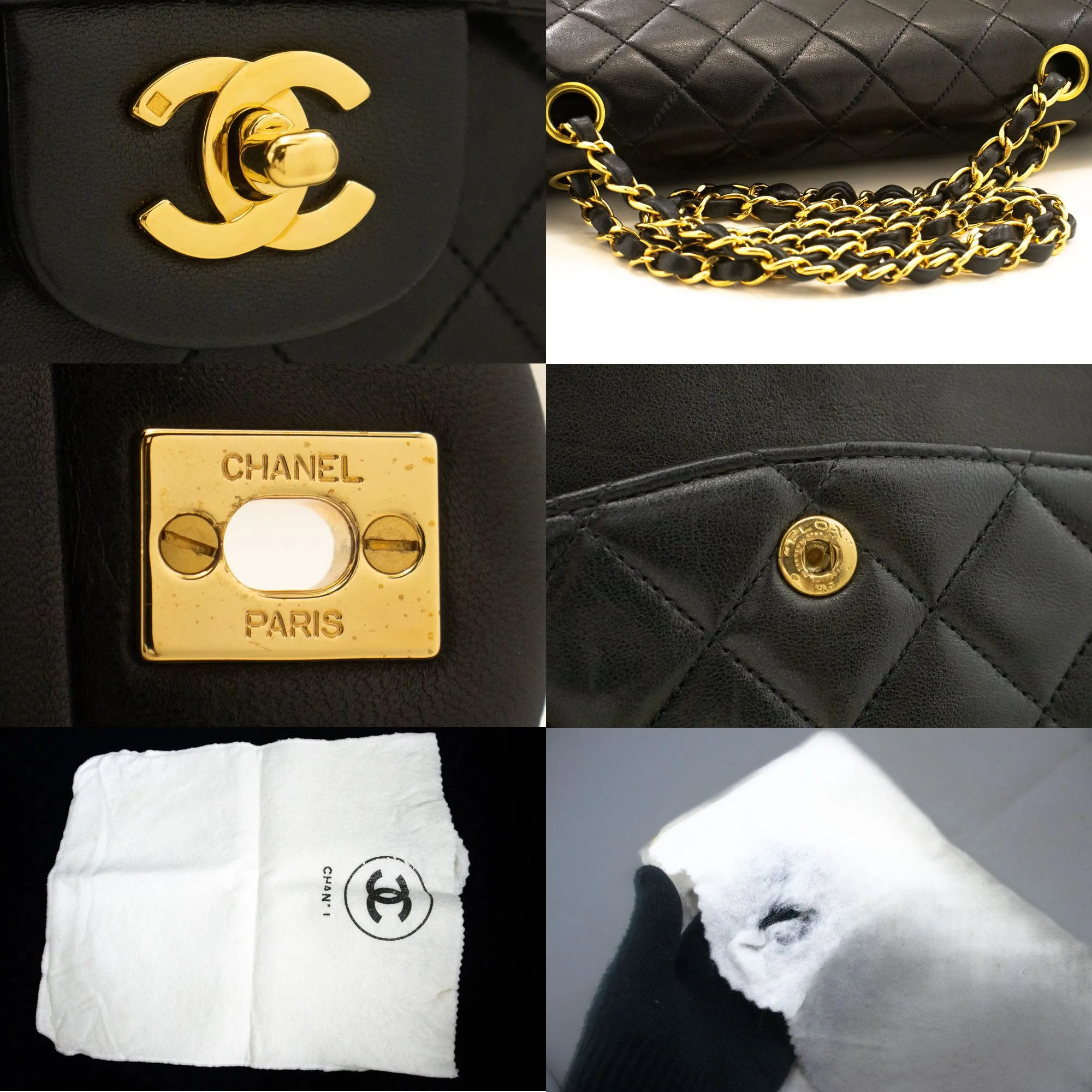 CHANEL Classic Double Flap 10" Chain Shoulder Bag Black Lambskin n89