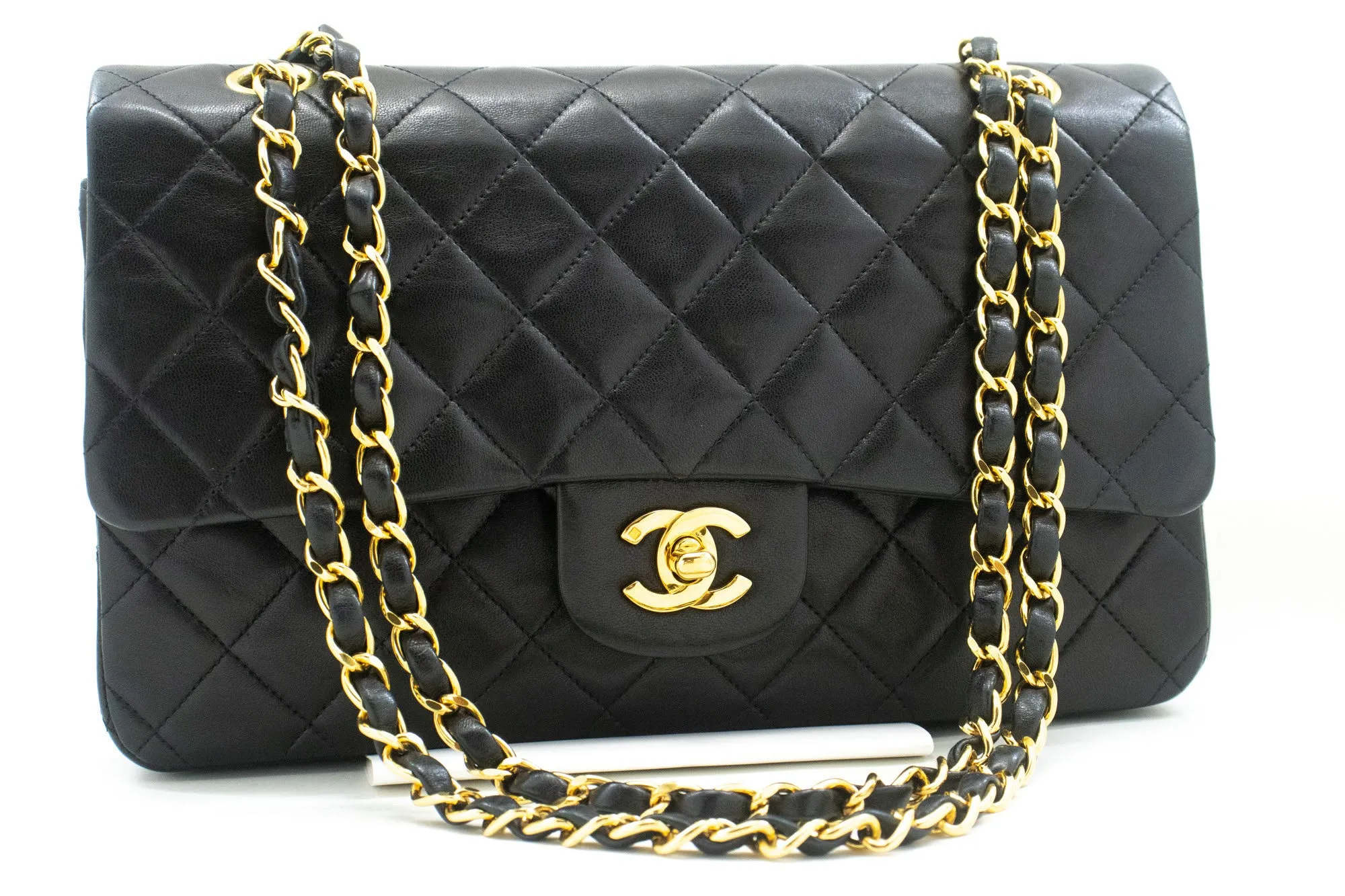 CHANEL Classic Double Flap 10" Chain Shoulder Bag Black Lambskin n89