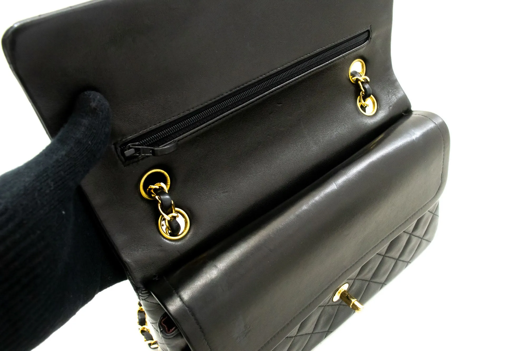 CHANEL Classic Double Flap 10" Chain Shoulder Bag Black Lambskin n89