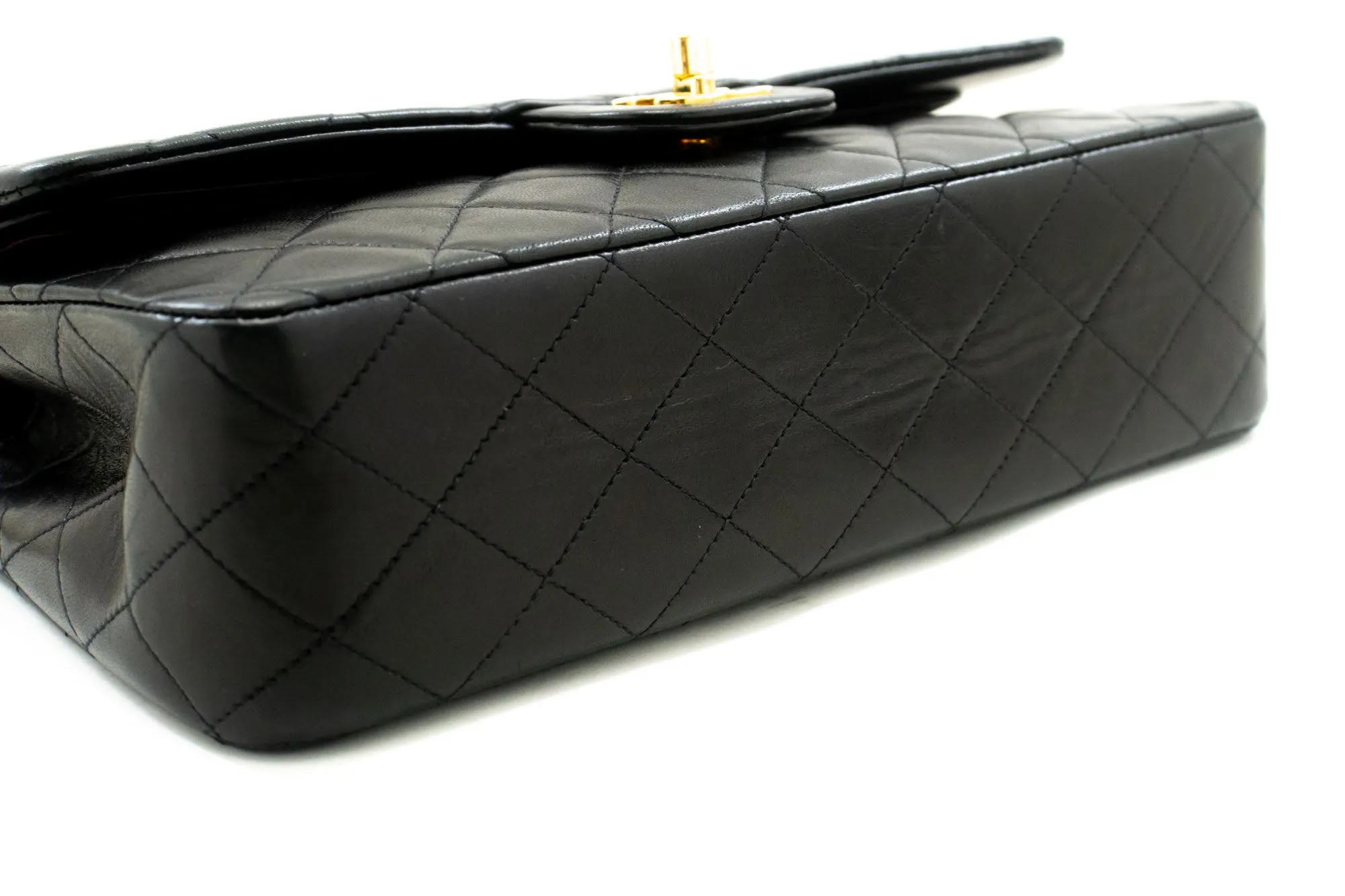 CHANEL Classic Double Flap 10" Chain Shoulder Bag Black Lambskin n89