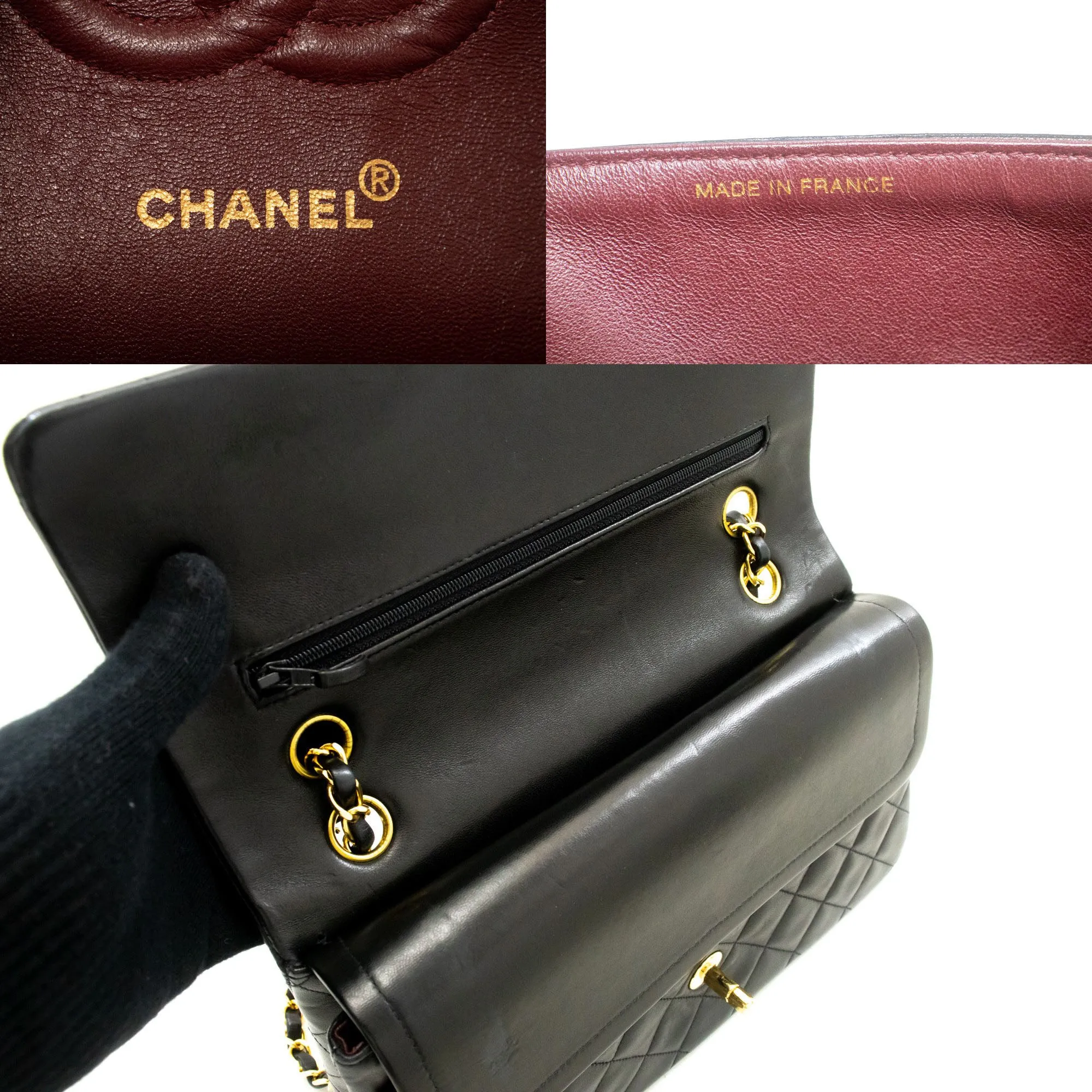 CHANEL Classic Double Flap 10" Chain Shoulder Bag Black Lambskin n89