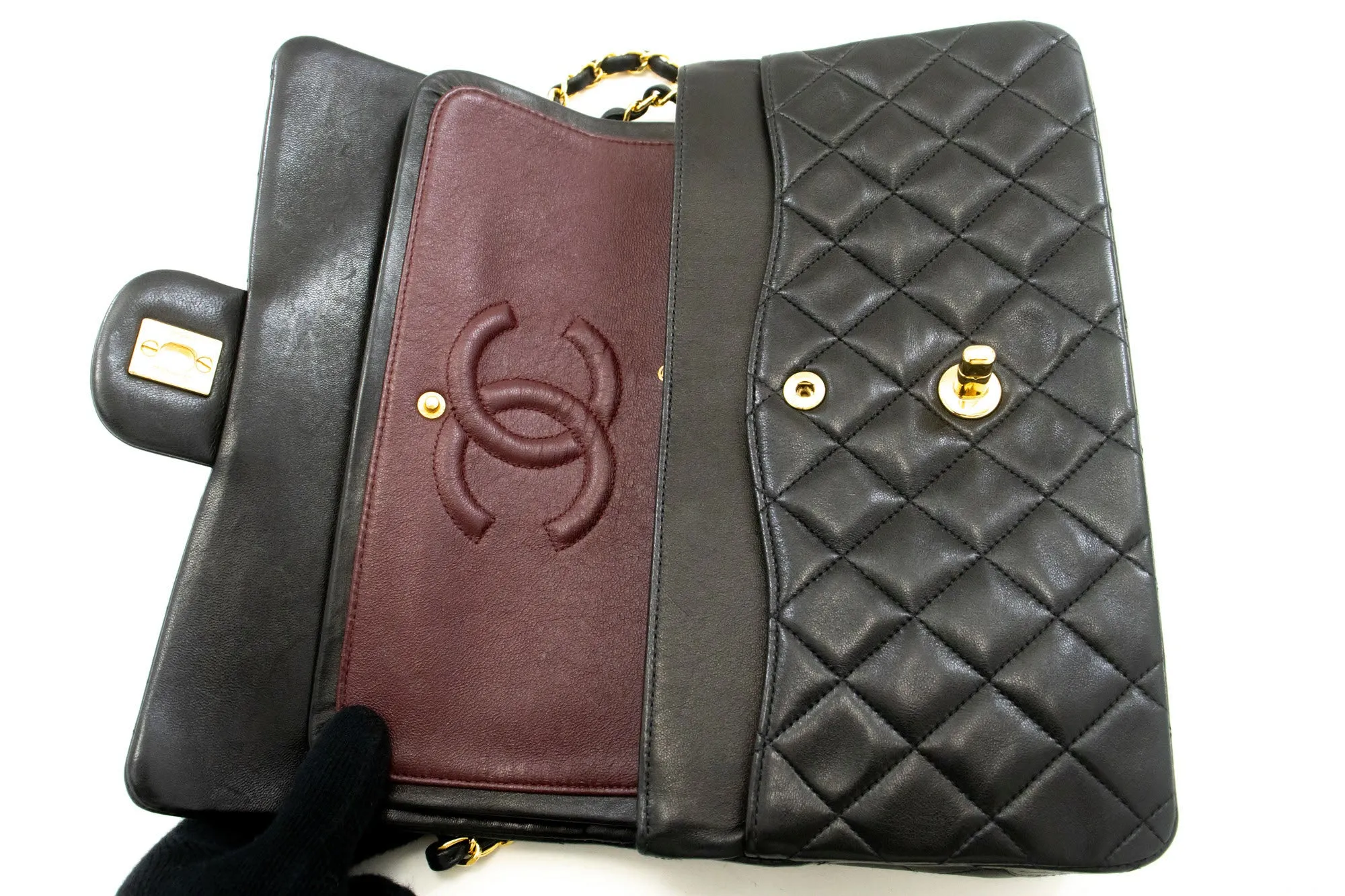 CHANEL Classic Double Flap 10" Chain Shoulder Bag Black Lambskin n89