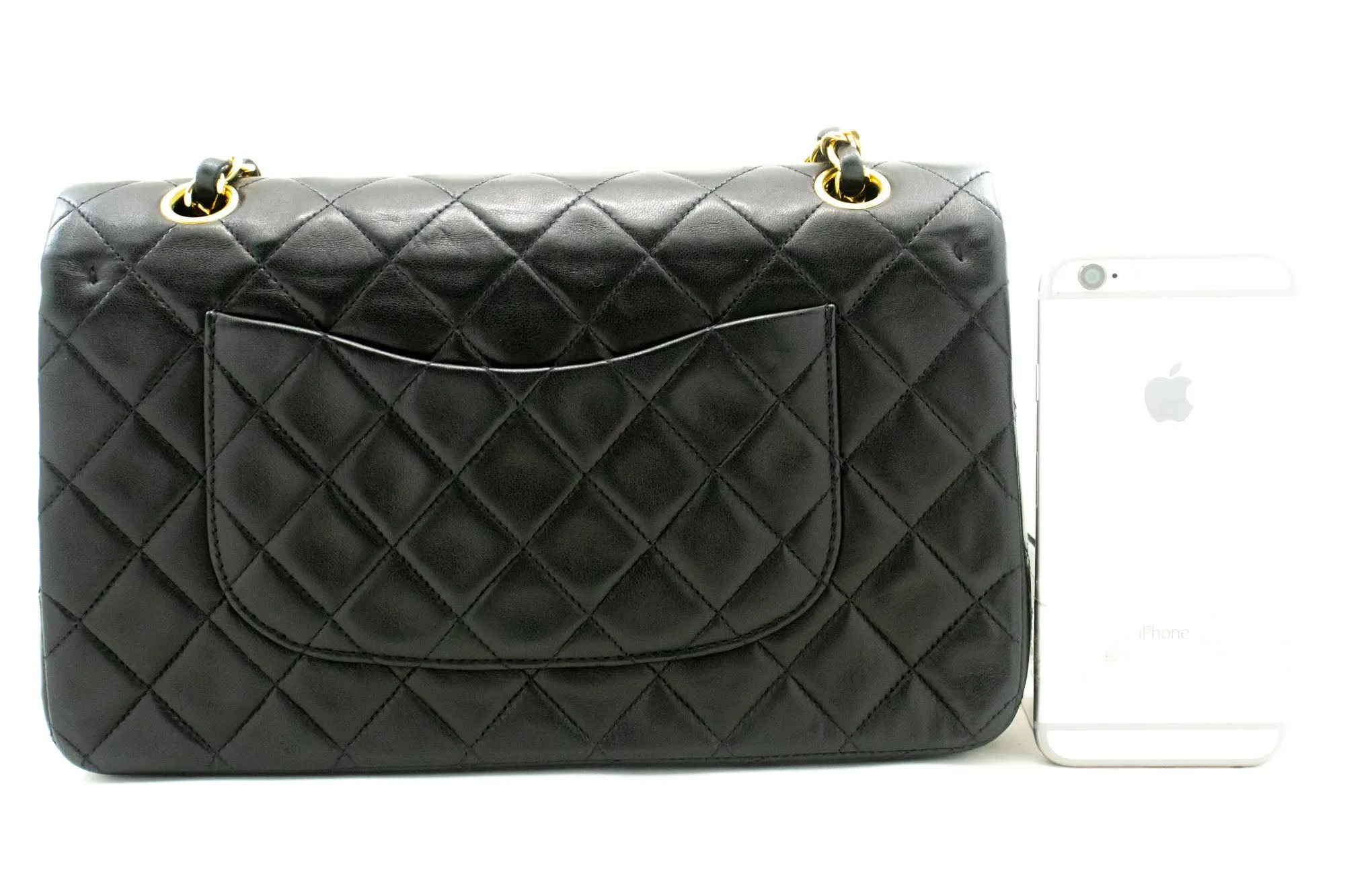 CHANEL Classic Double Flap 10" Chain Shoulder Bag Black Lambskin n89