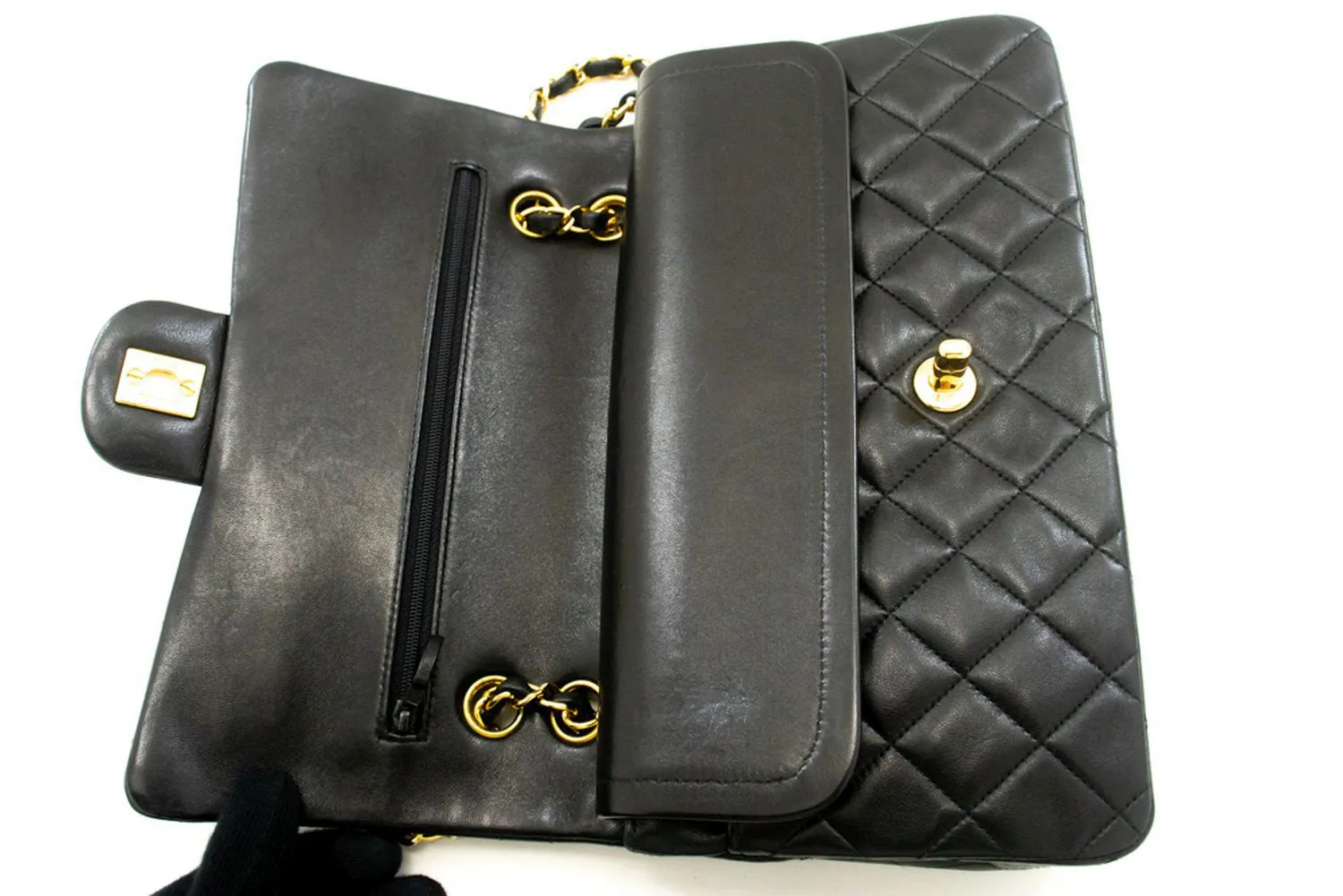 CHANEL Classic Double Flap 10" Chain Shoulder Bag Black Lambskin n89