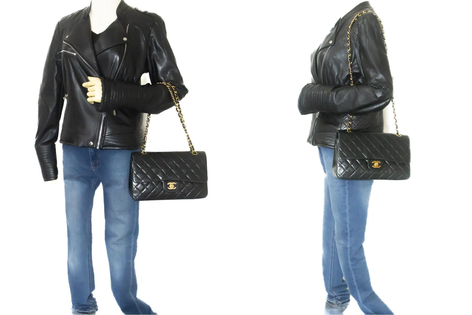 CHANEL Classic Double Flap 10" Chain Shoulder Bag Black Lambskin n89