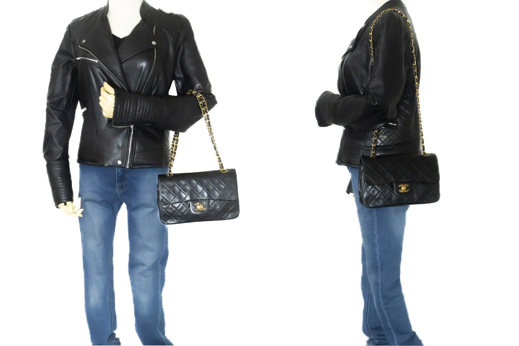 CHANEL Classic Double Flap 9" Chain Shoulder Bag Black Lambskin m31