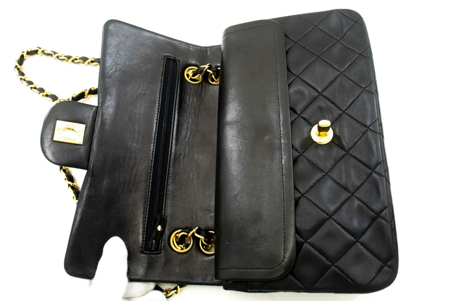 CHANEL Classic Double Flap 9" Chain Shoulder Bag Black Lambskin m31