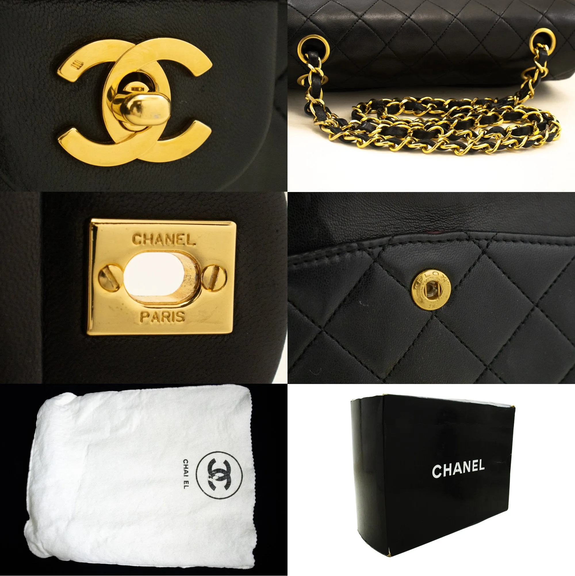CHANEL Classic Double Flap 9" Chain Shoulder Bag Black Lambskin n08