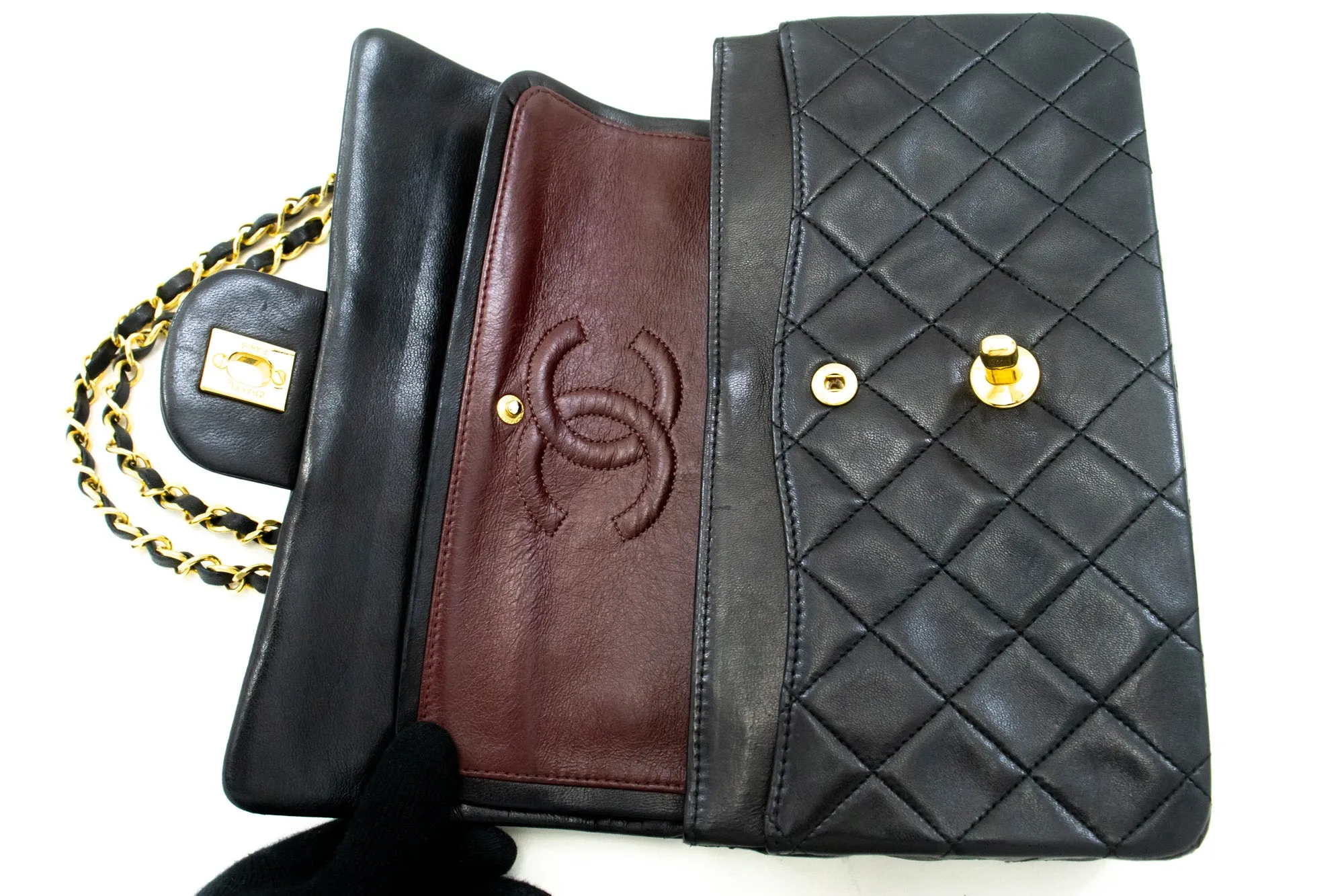 CHANEL Classic Double Flap 9" Chain Shoulder Bag Black Lambskin n08