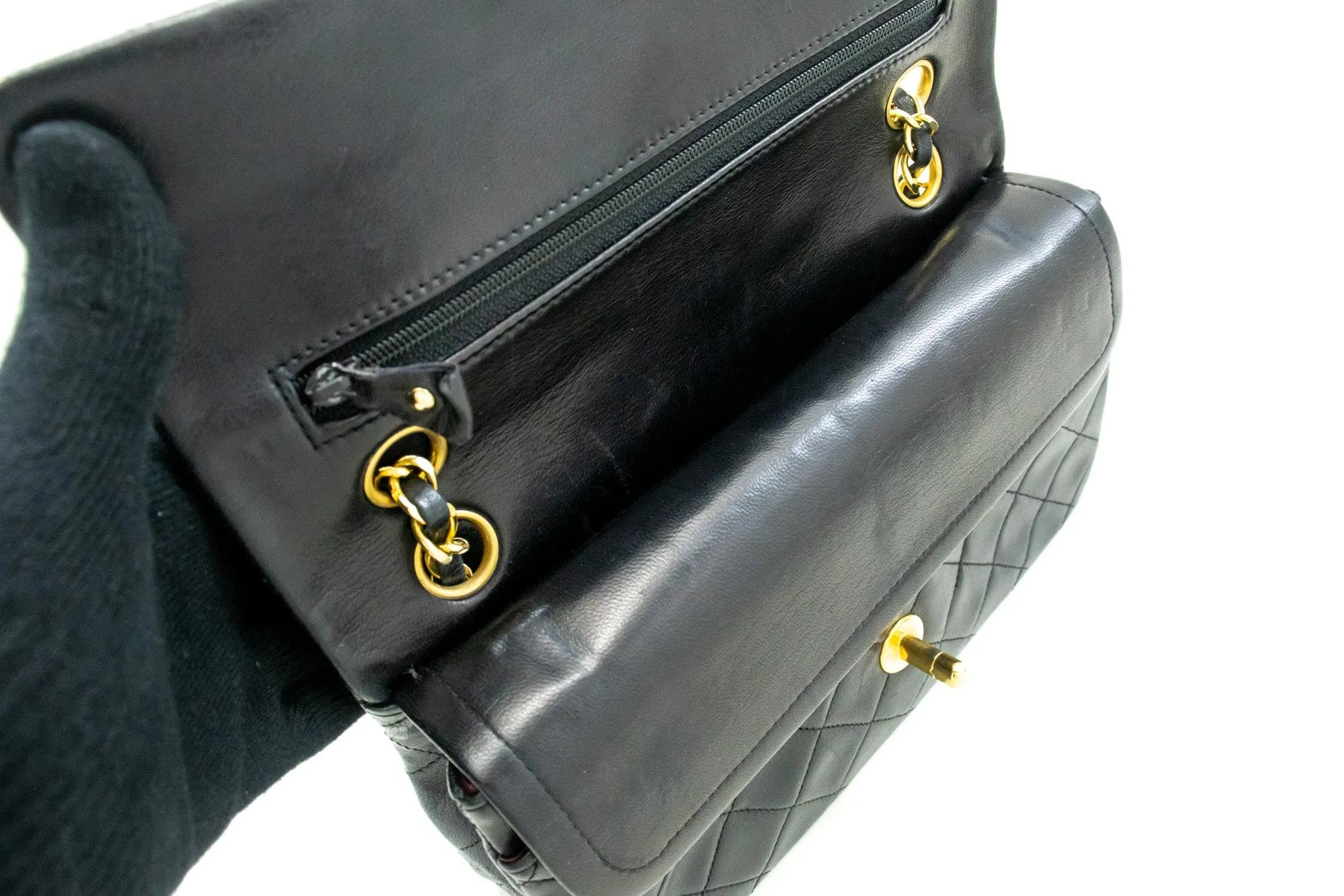 CHANEL Classic Double Flap 9" Chain Shoulder Bag Black Lambskin n08