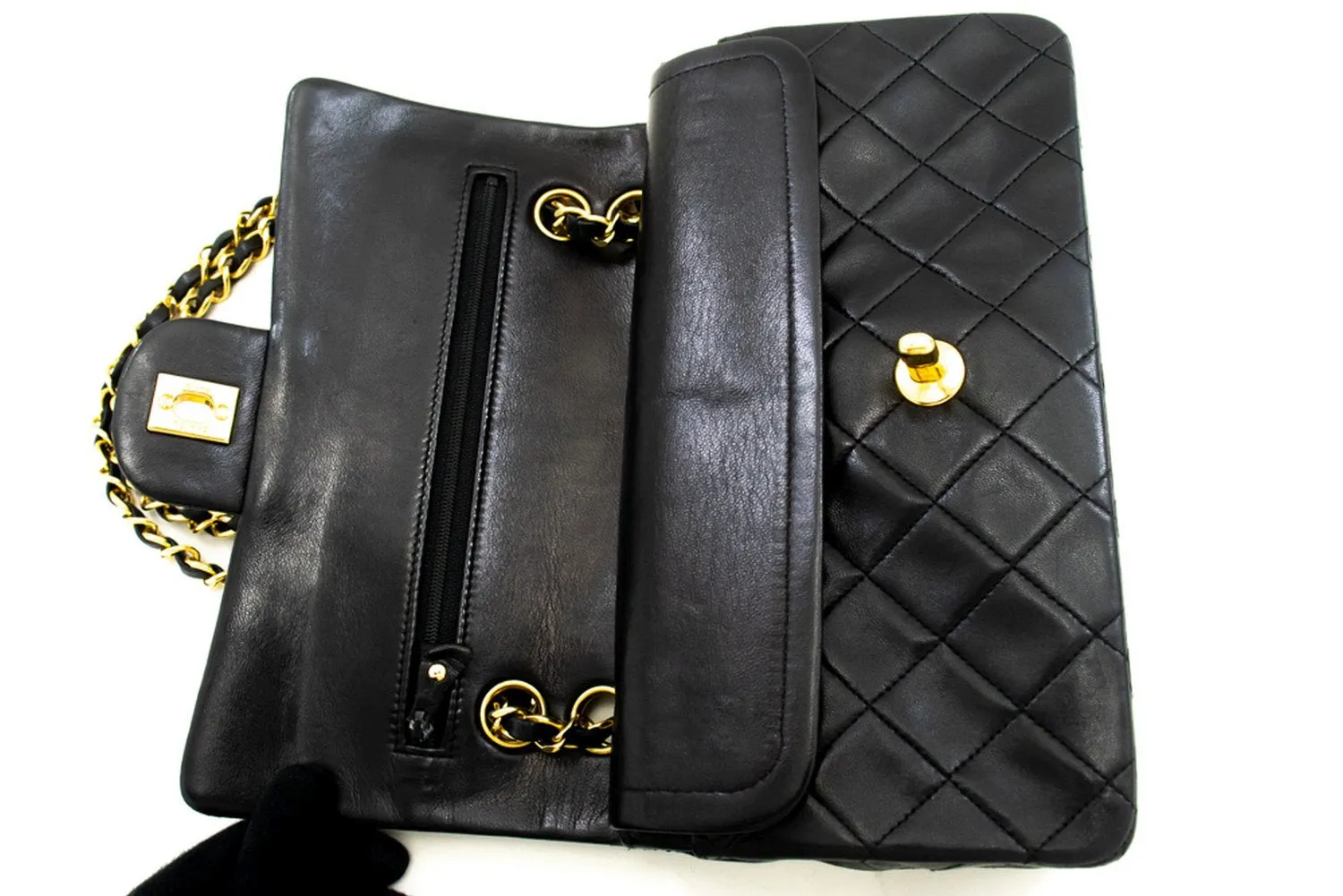 CHANEL Classic Double Flap 9" Chain Shoulder Bag Black Lambskin n08