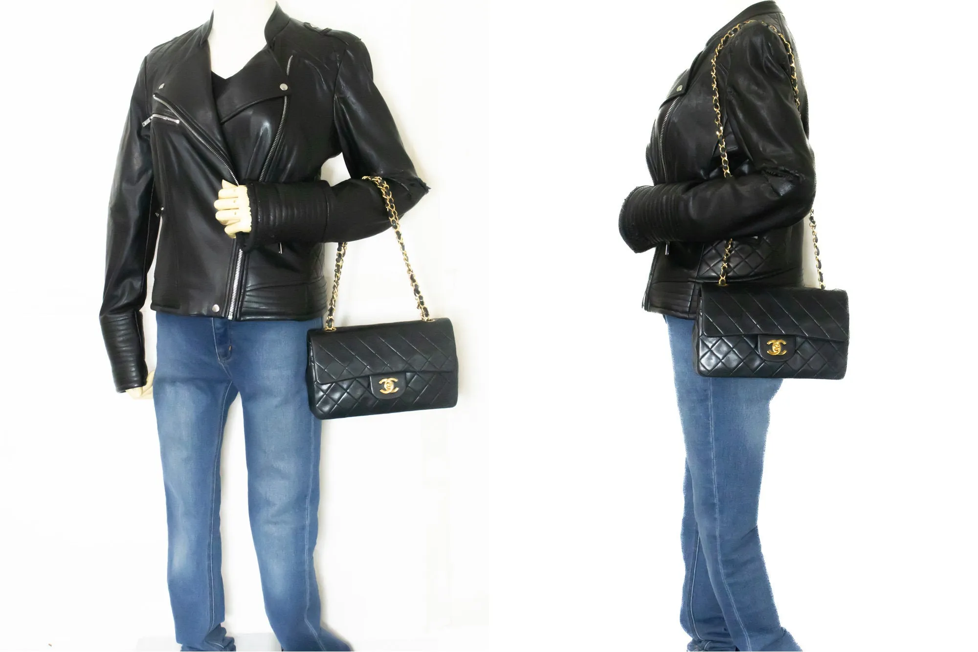 CHANEL Classic Double Flap 9" Chain Shoulder Bag Black Lambskin n08