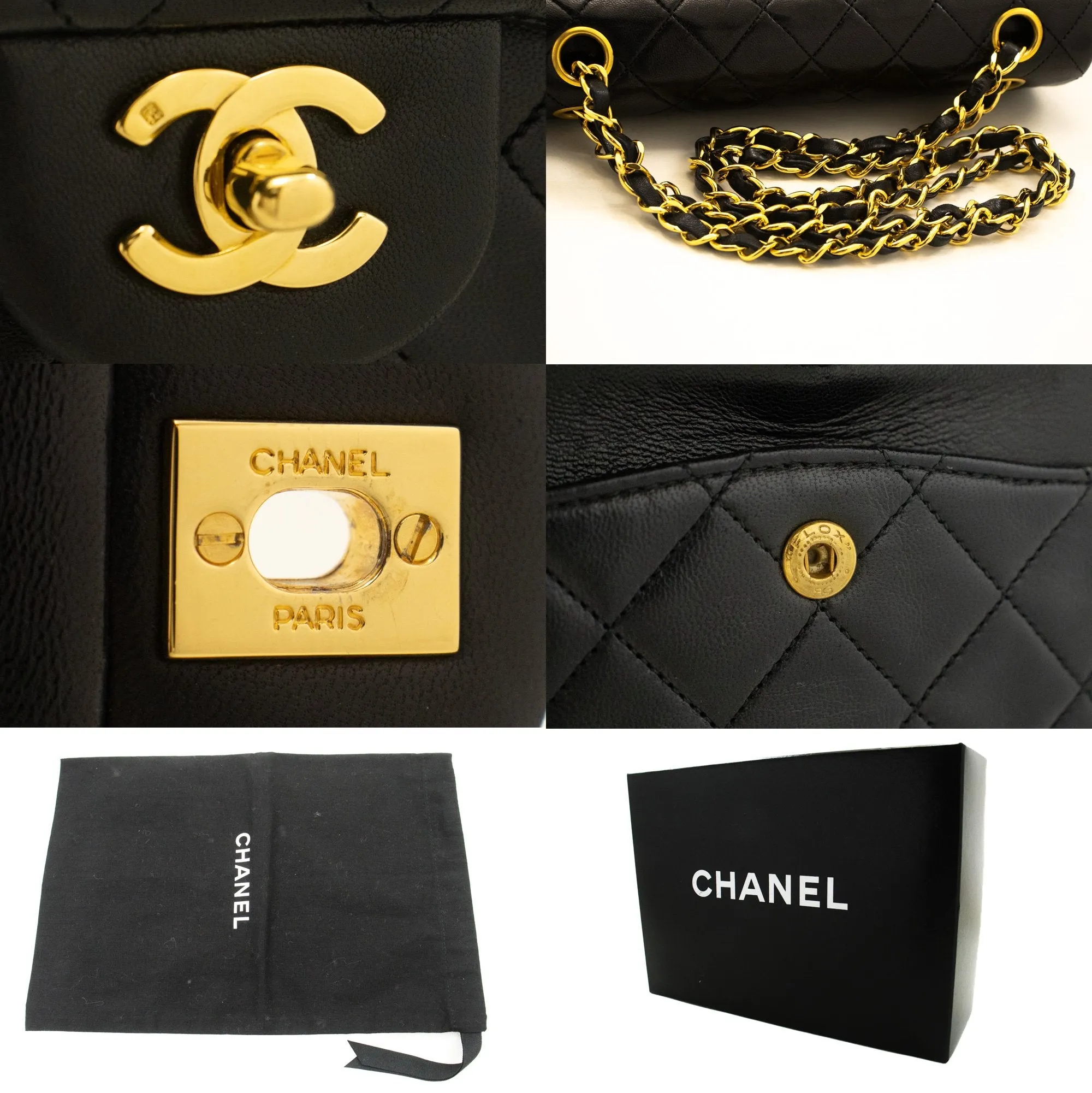 CHANEL Classic Double Flap 9" Chain Shoulder Bag Black Lambskin n86