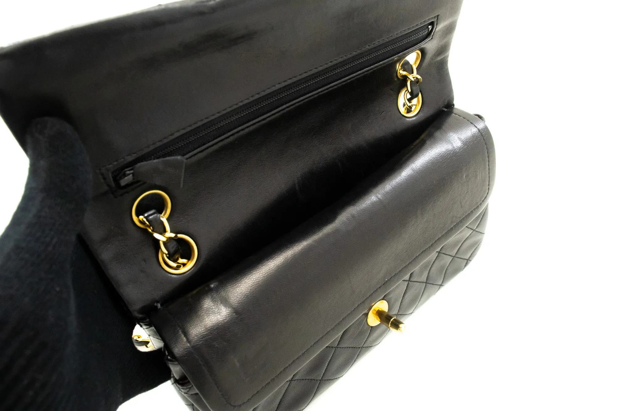 CHANEL Classic Double Flap 9" Chain Shoulder Bag Black Lambskin n86