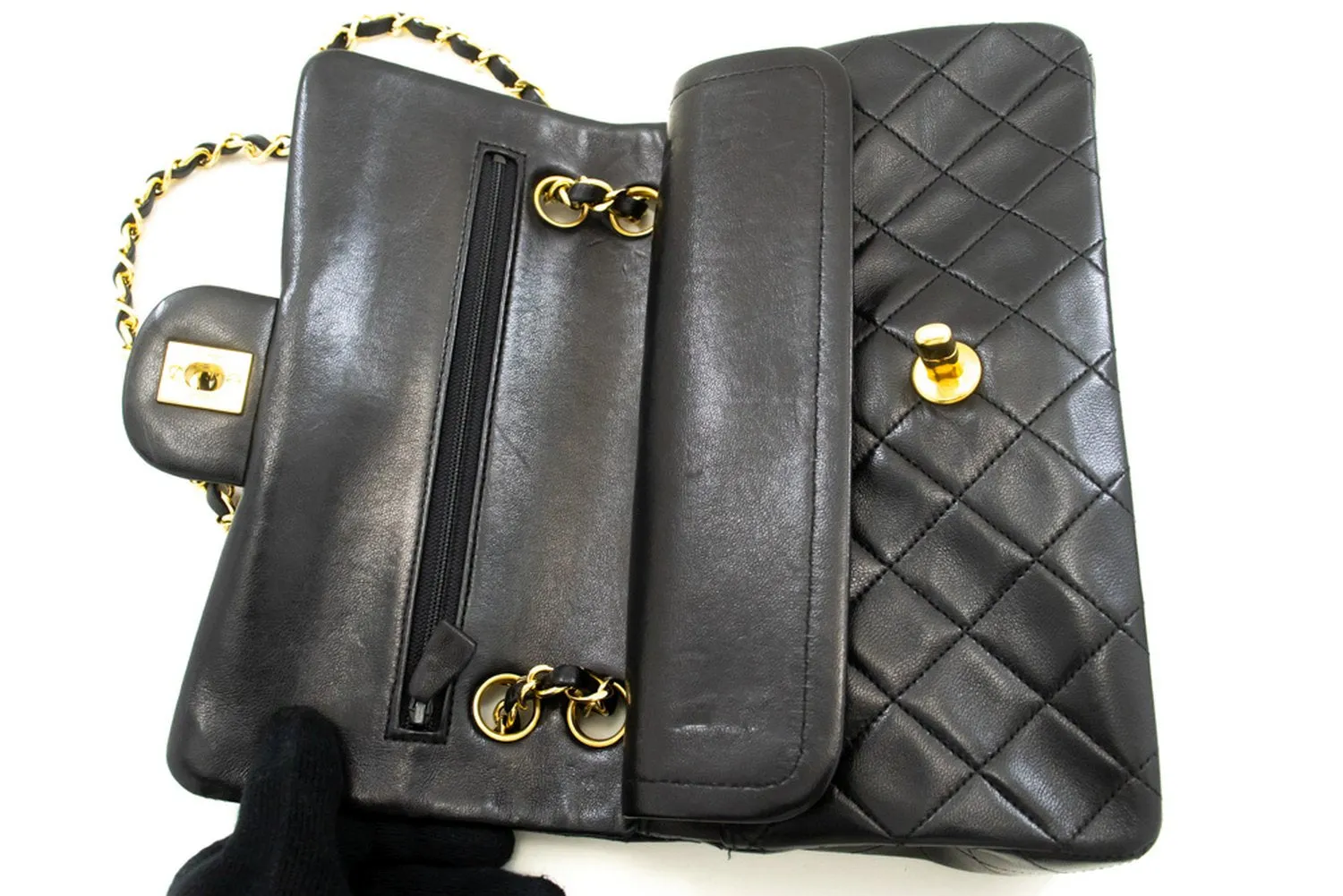CHANEL Classic Double Flap 9" Chain Shoulder Bag Black Lambskin n86