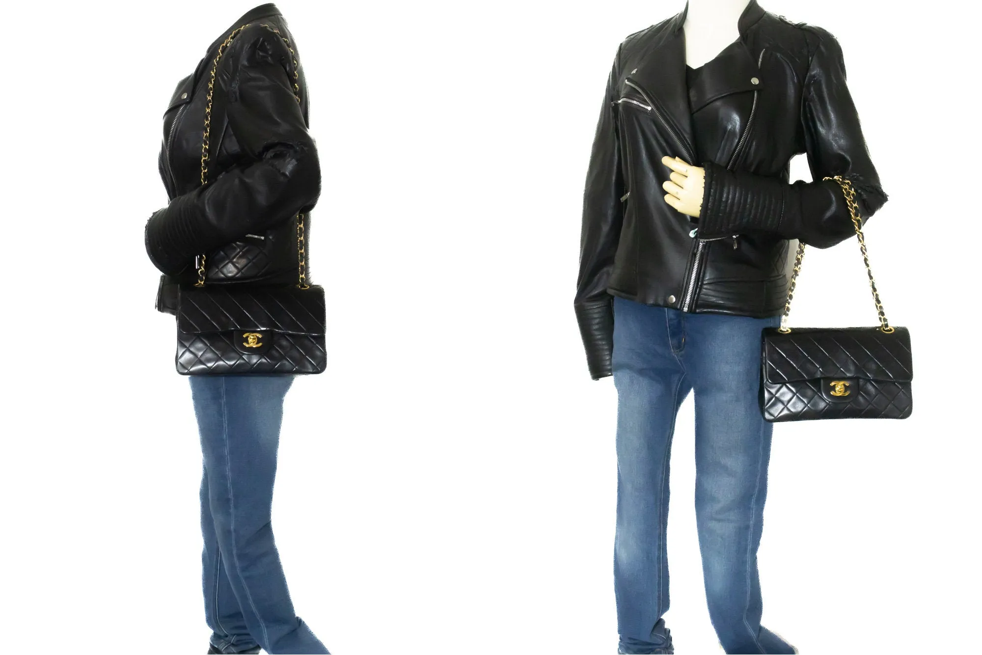 CHANEL Classic Double Flap 9" Chain Shoulder Bag Black Lambskin n86