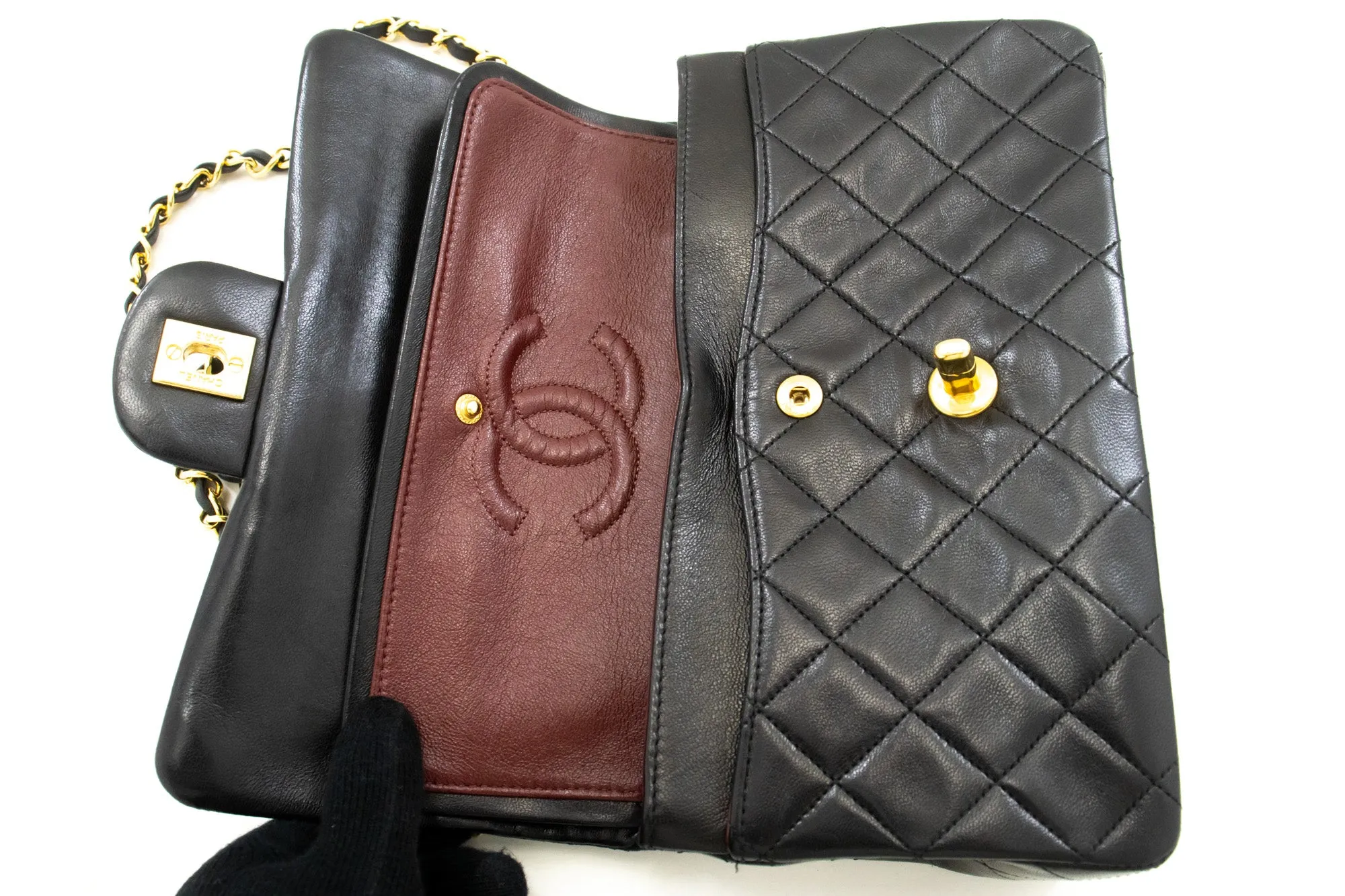 CHANEL Classic Double Flap 9" Chain Shoulder Bag Black Lambskin n86