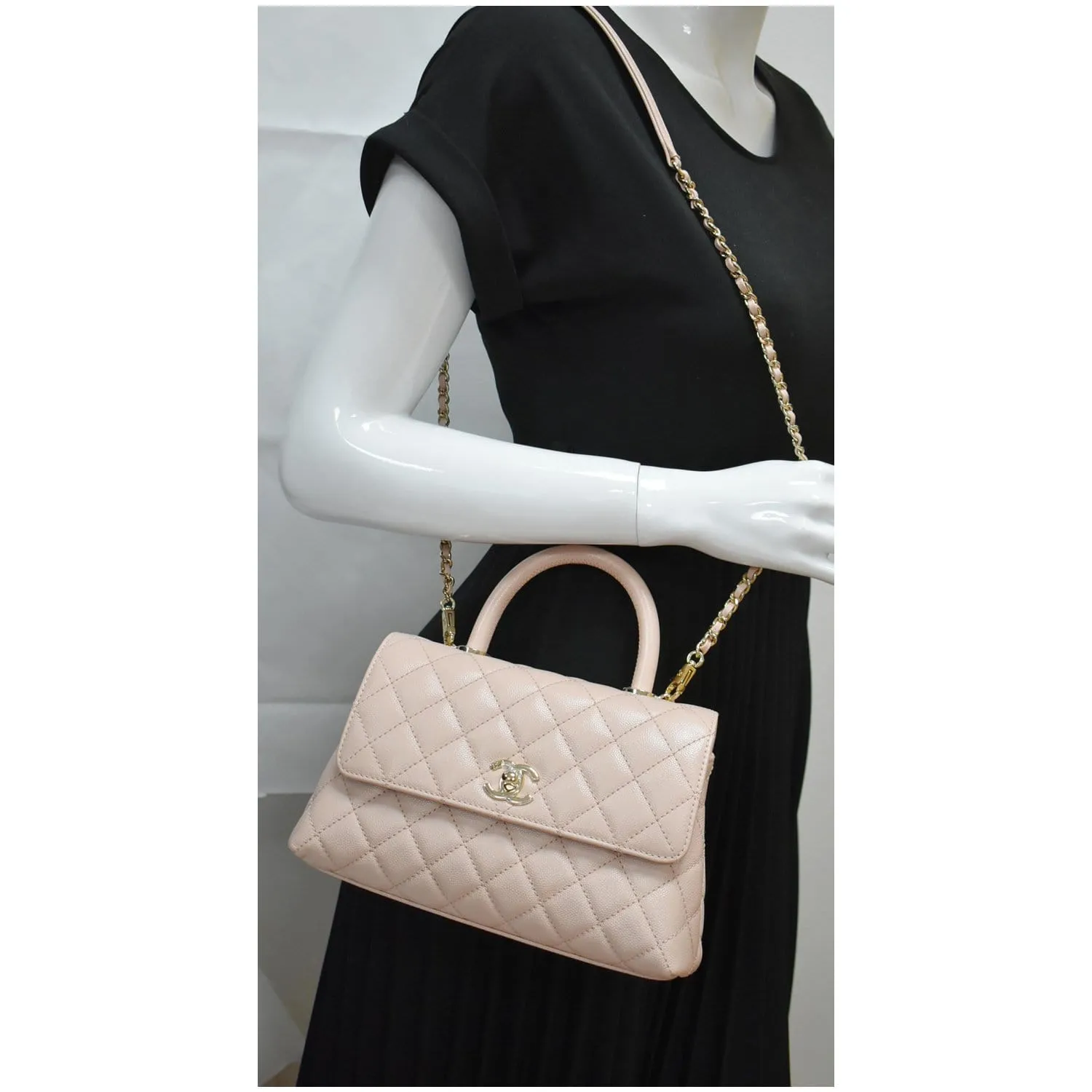 CHANEL Coco Mini Top Handle Flap Caviar Leather Shoulder Bag Pink