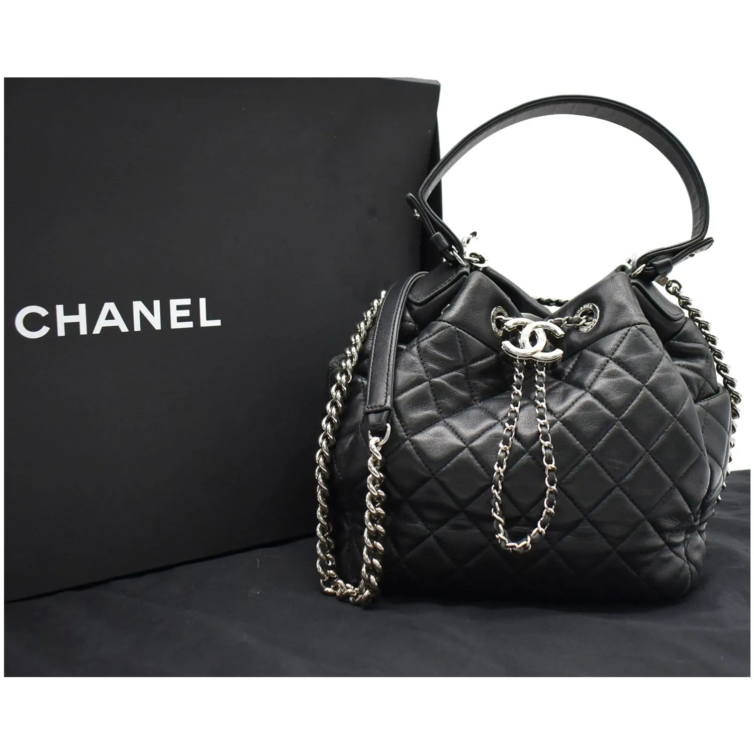 CHANEL Drawstring Bucket Quilted Lambskin Leather Shoulder Bag Black